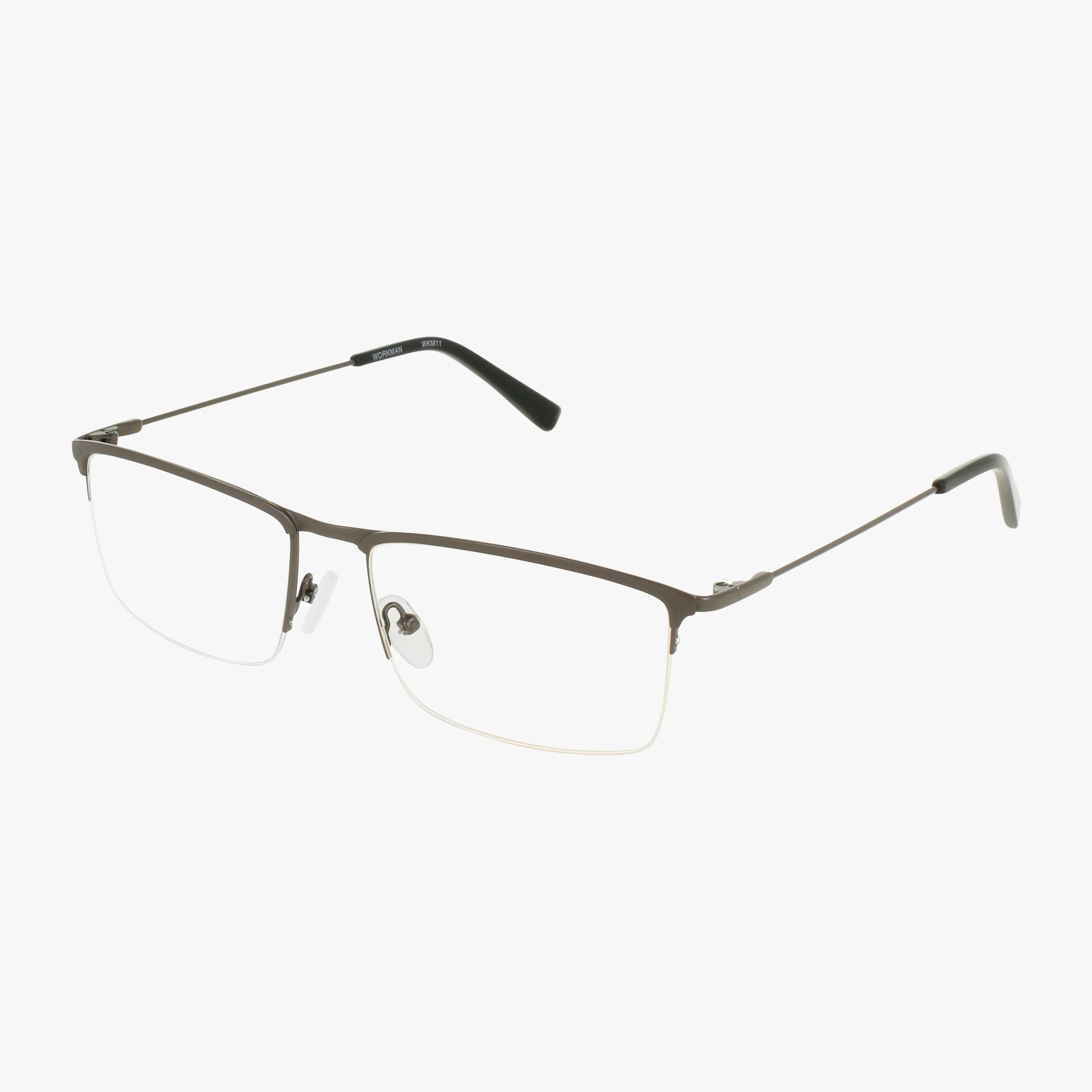 The Workman 11 eyeglasses feature semi-rimless, gunmetal metal frames with rectangular lenses and black temple tips. This stylish pair is displayed against a plain white background.