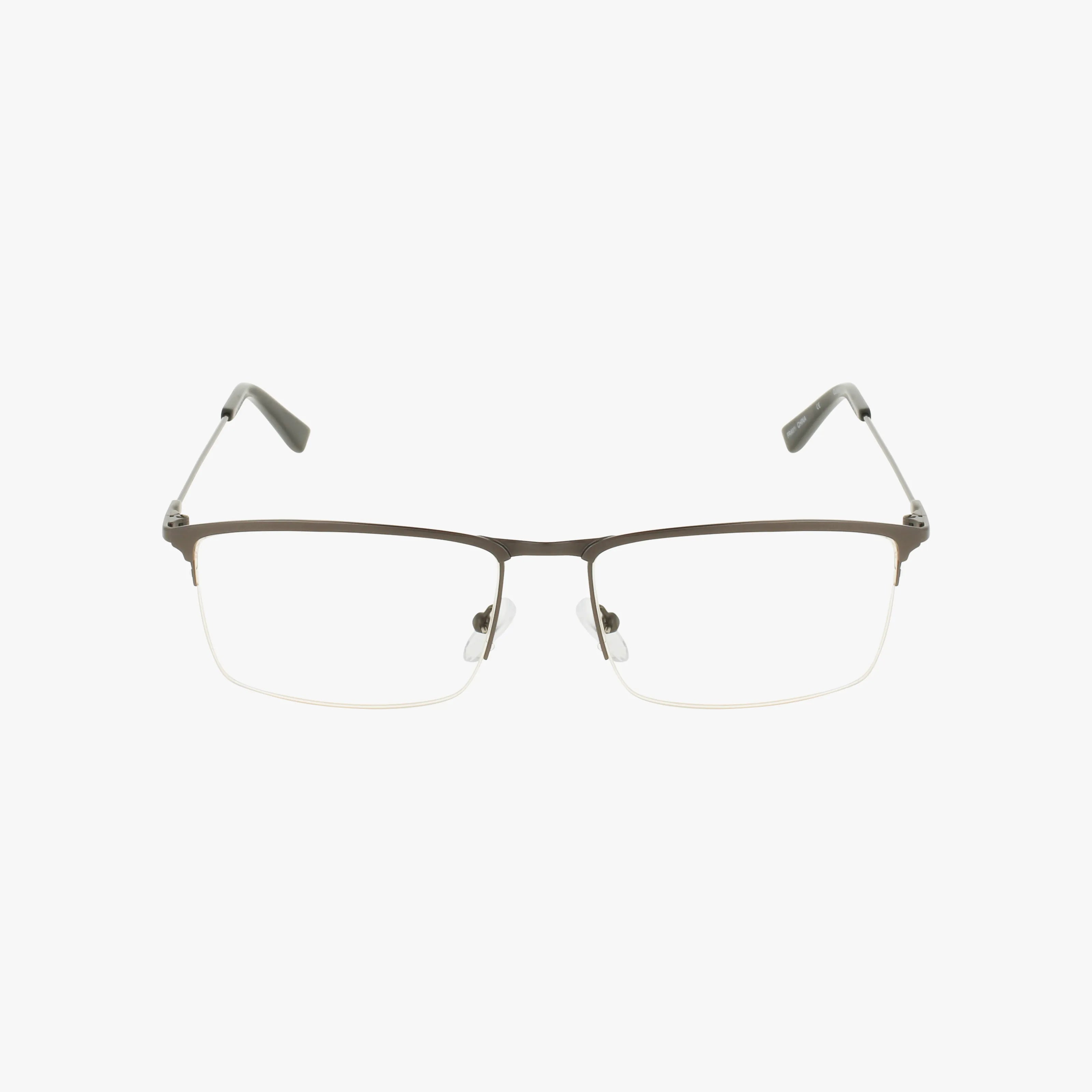 The Workman 11 features rectangular, rimless eyeglasses with a stylish frame and thin metal arms. Clear lenses offer a modern look, displayed on a plain white background.