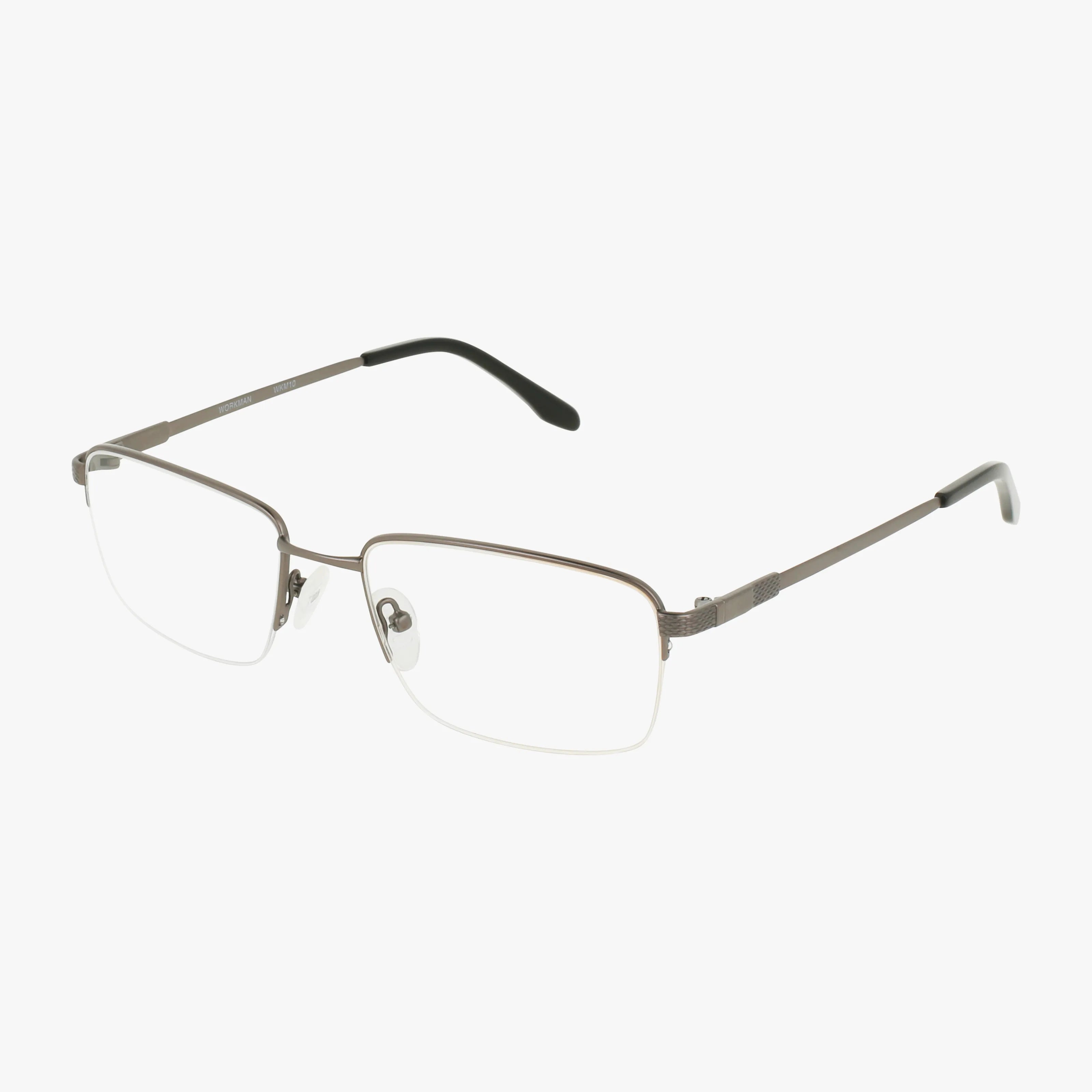 The Workman 10 features semi-rimless, rectangular gunmetal frames with thin metal tops, clear nose pads, and slim temples with black tips. Suitable for prescription lenses, this versatile eyewear is set against a plain white background.