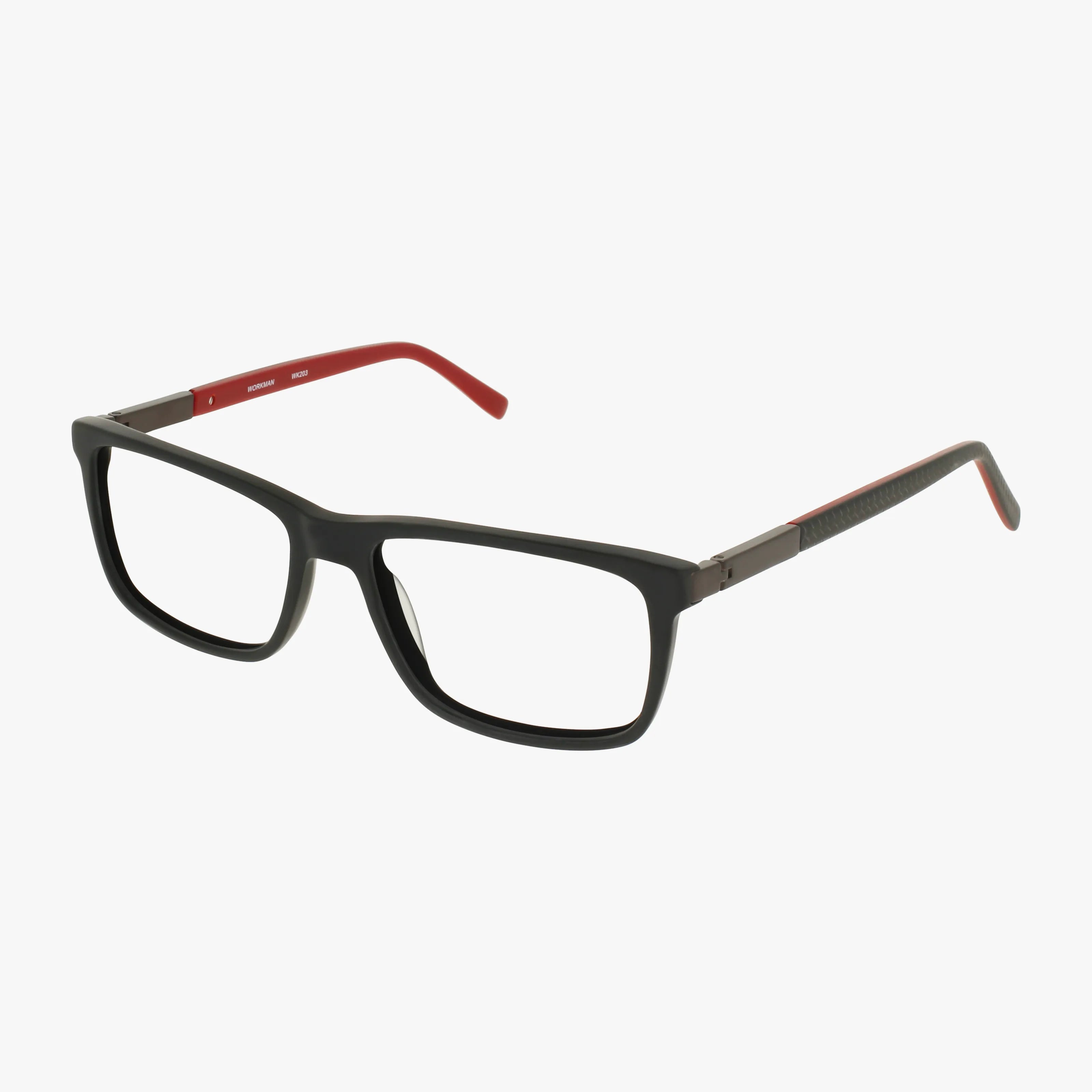 Workman 203 eyeglasses in Black Red feature a rectangular shape with red inner temples and a modern, minimalistic design of thin frames and clean lines—set against a white background for a bold look.