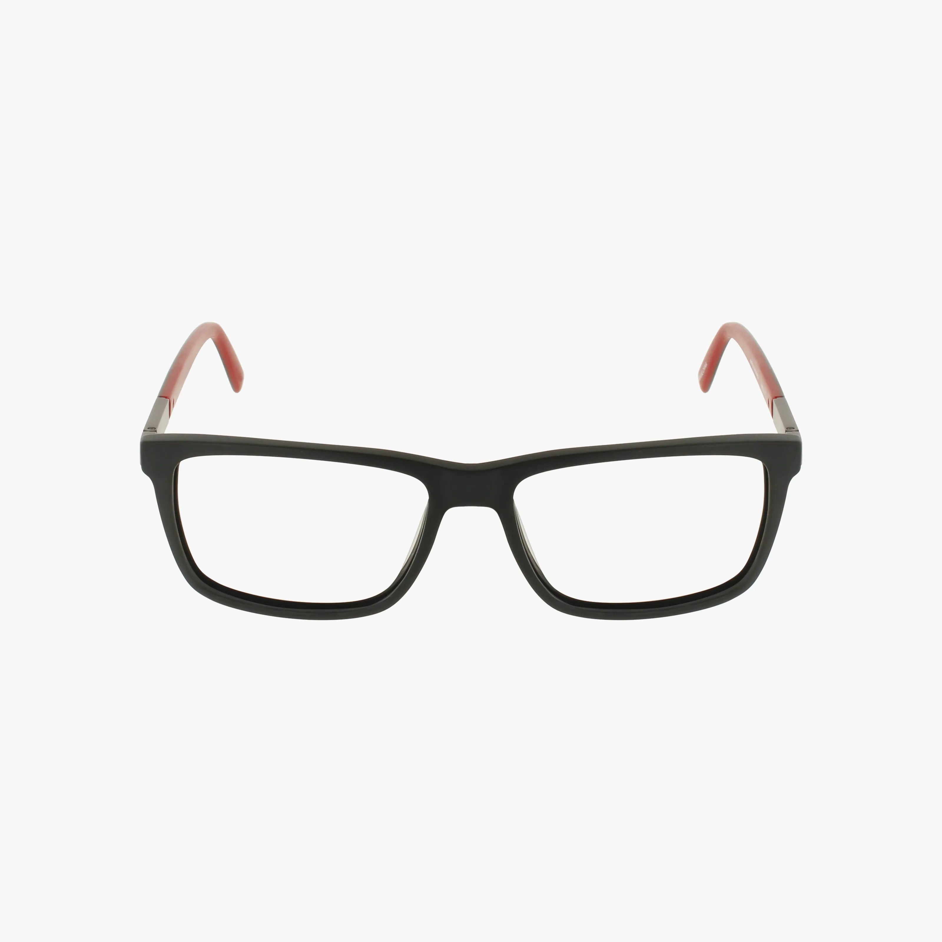 Workman 203 rectangular black eyeglasses with red temple arms and a unique frame, shown facing forward on a white background.