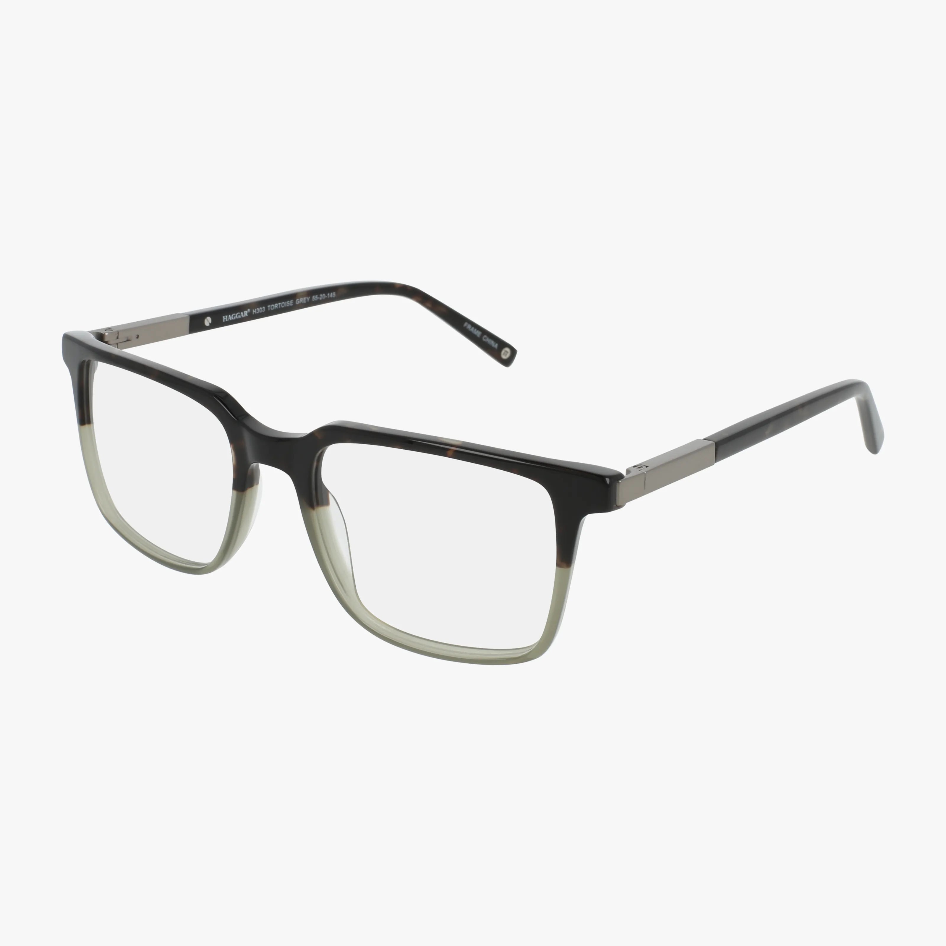 The Haggar H303 features rectangular eyeglasses with a stylish Tortoise Grey frame, metal hinges, and clear lenses, crafted from modern materials and shown against a plain white background.