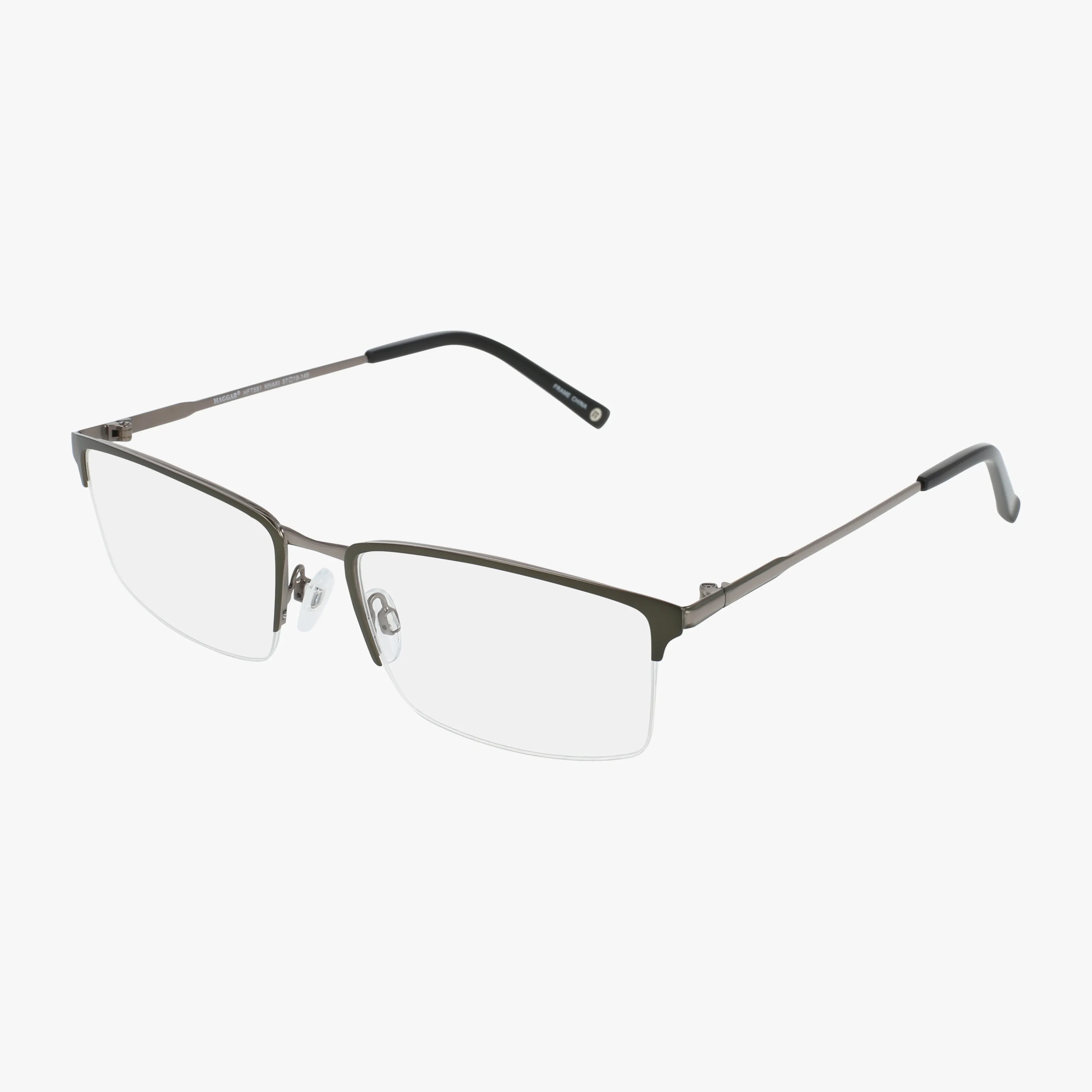 The Haggar HFT551 eyeglasses feature semi-rimless rectangular Transitions lenses, a polished brown frame, and black temple tips for stylish durability—shown on a white background.