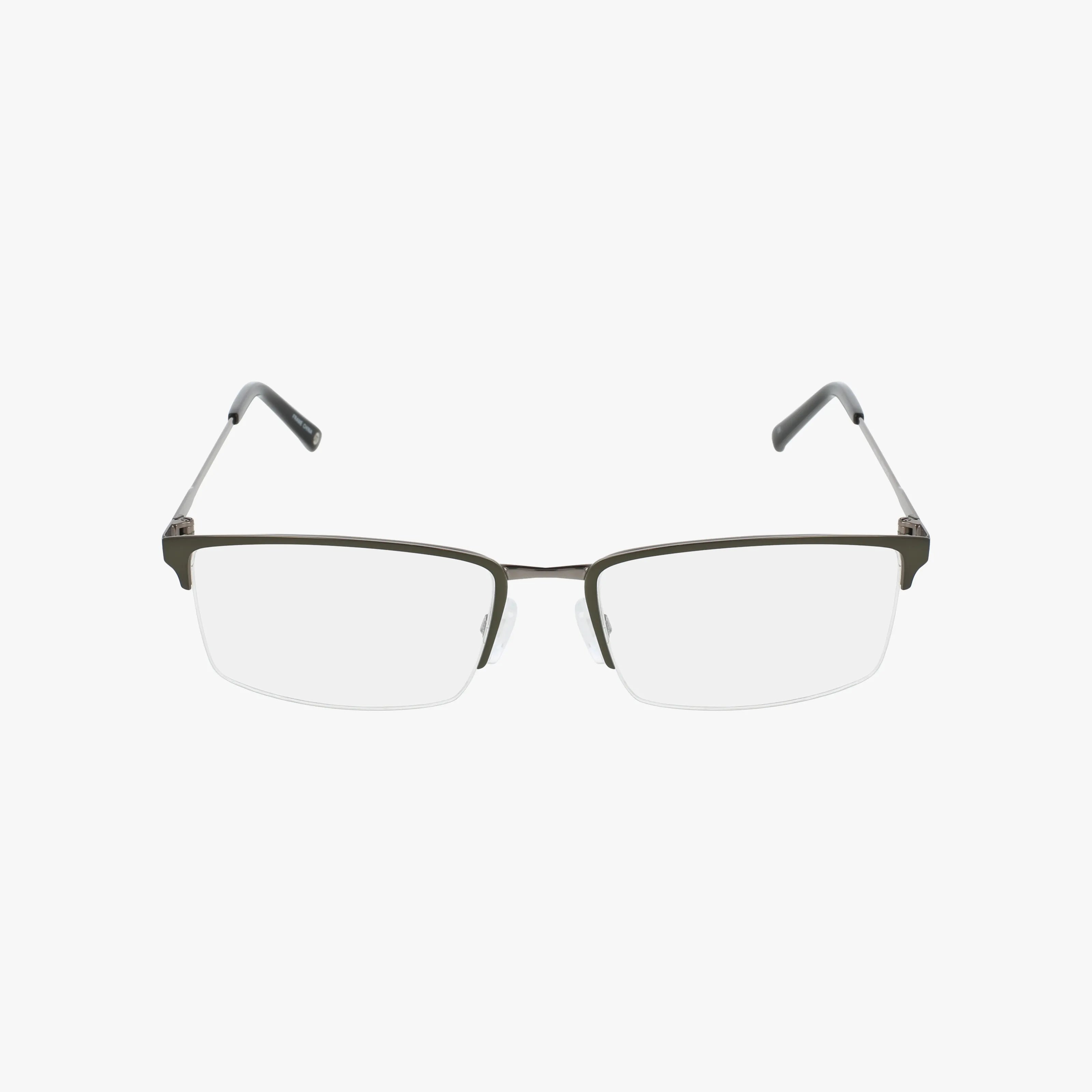 The Haggar HFT551 features rectangular, semi-rimless eyeglasses with a polished frame and clear lenses, combining style and durability, shown on a white background.