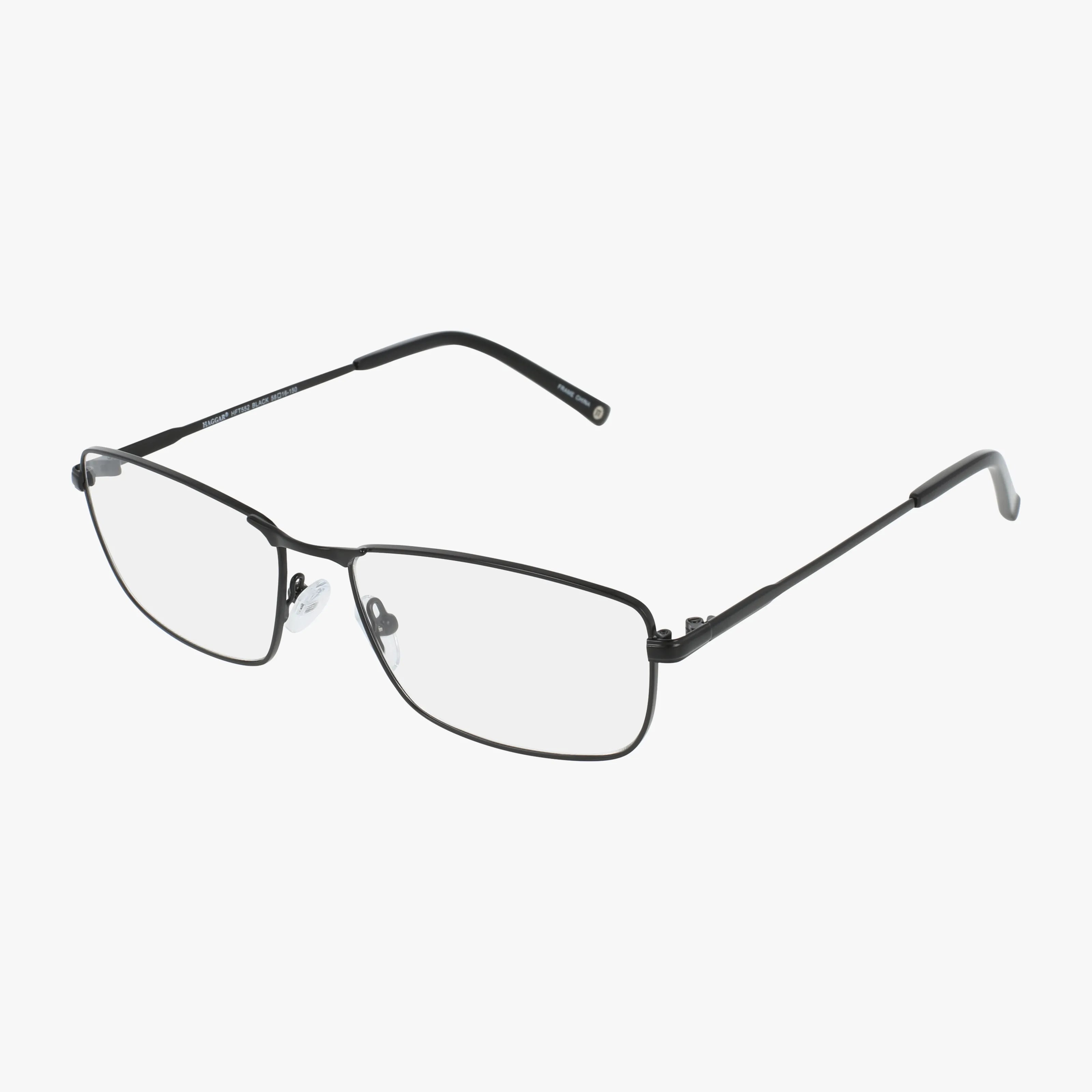 The Haggar HFT552 eyeglasses feature black, rectangular thin metal frames with clear prescription lenses, displayed on a white background.