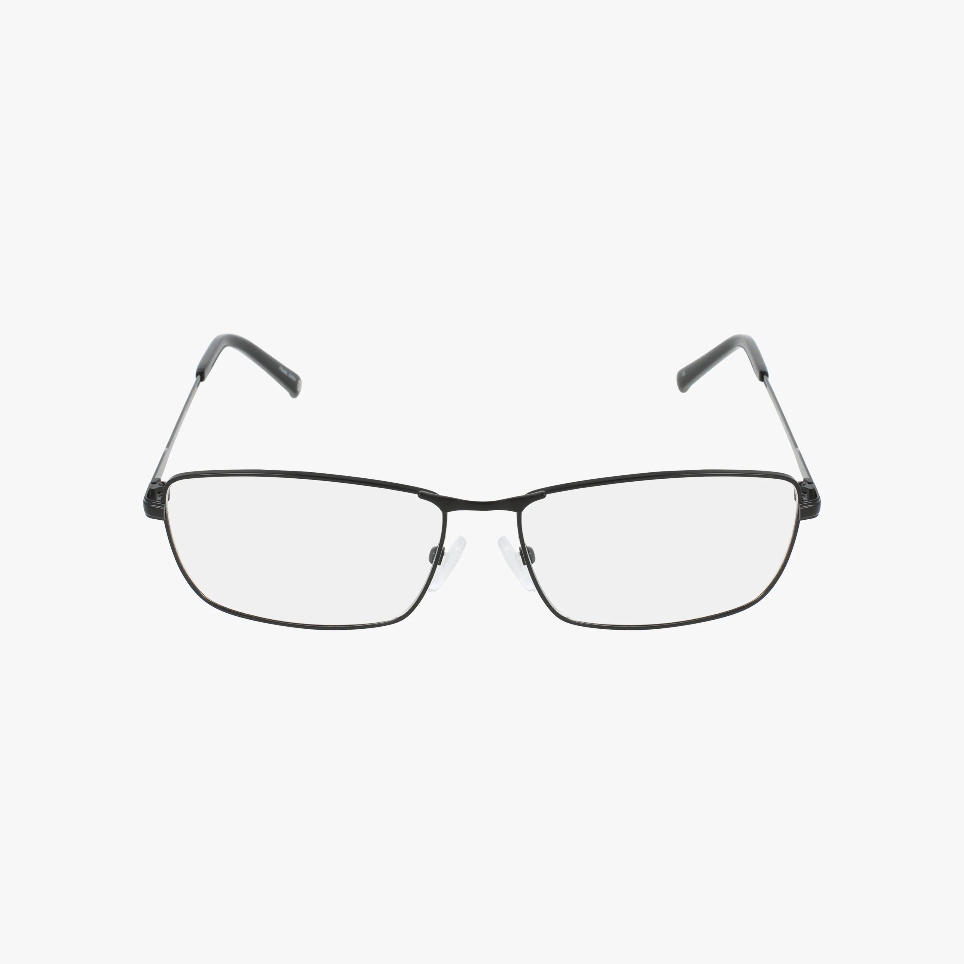The Haggar HFT552 features thin, rectangular eyeglasses with a durable black metal modern frame and clear prescription lenses, displayed on a plain white background.