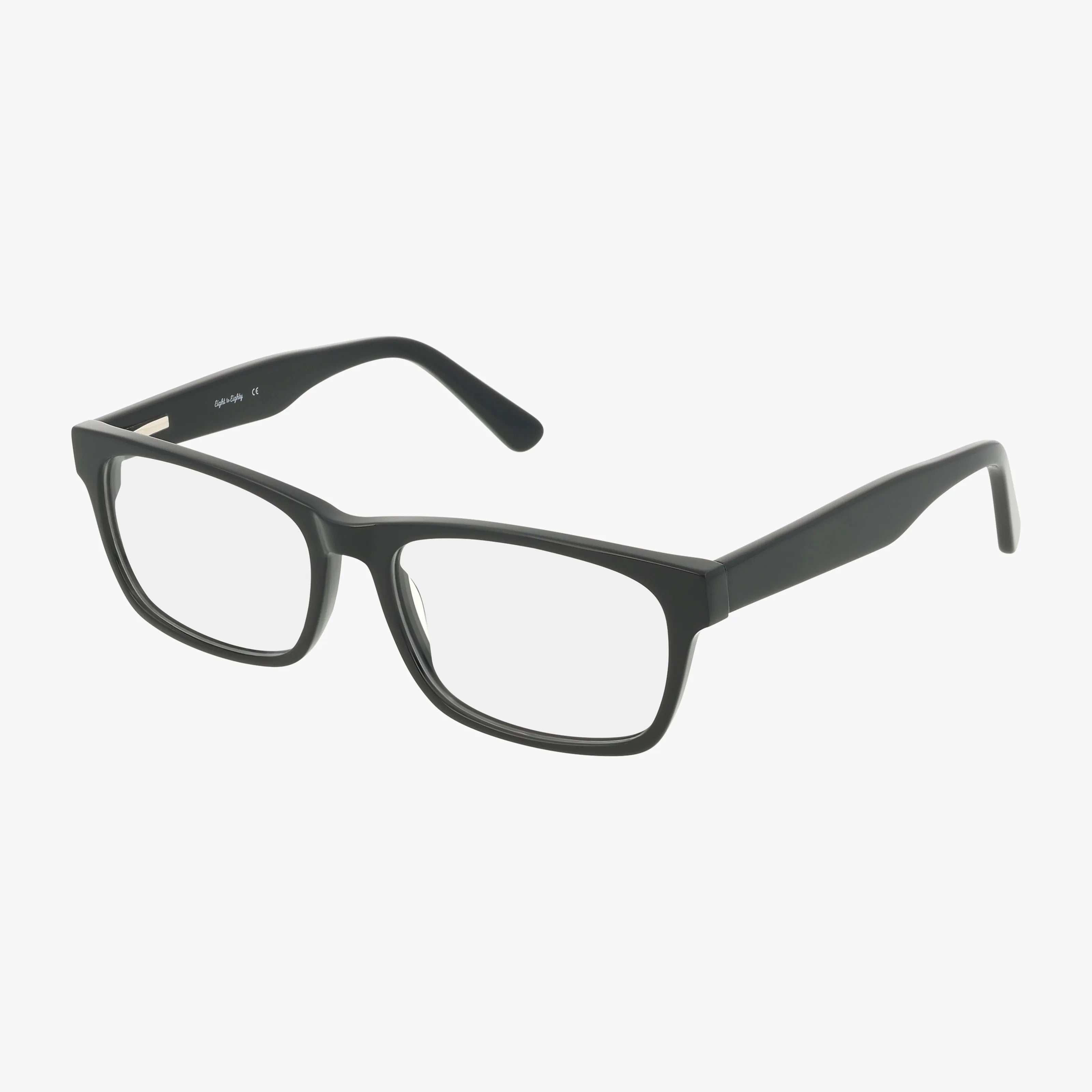 The Eight To Eighty DENNIS eyeglasses are black, rectangular frames with clear lenses and a functional design, displayed on a white background.