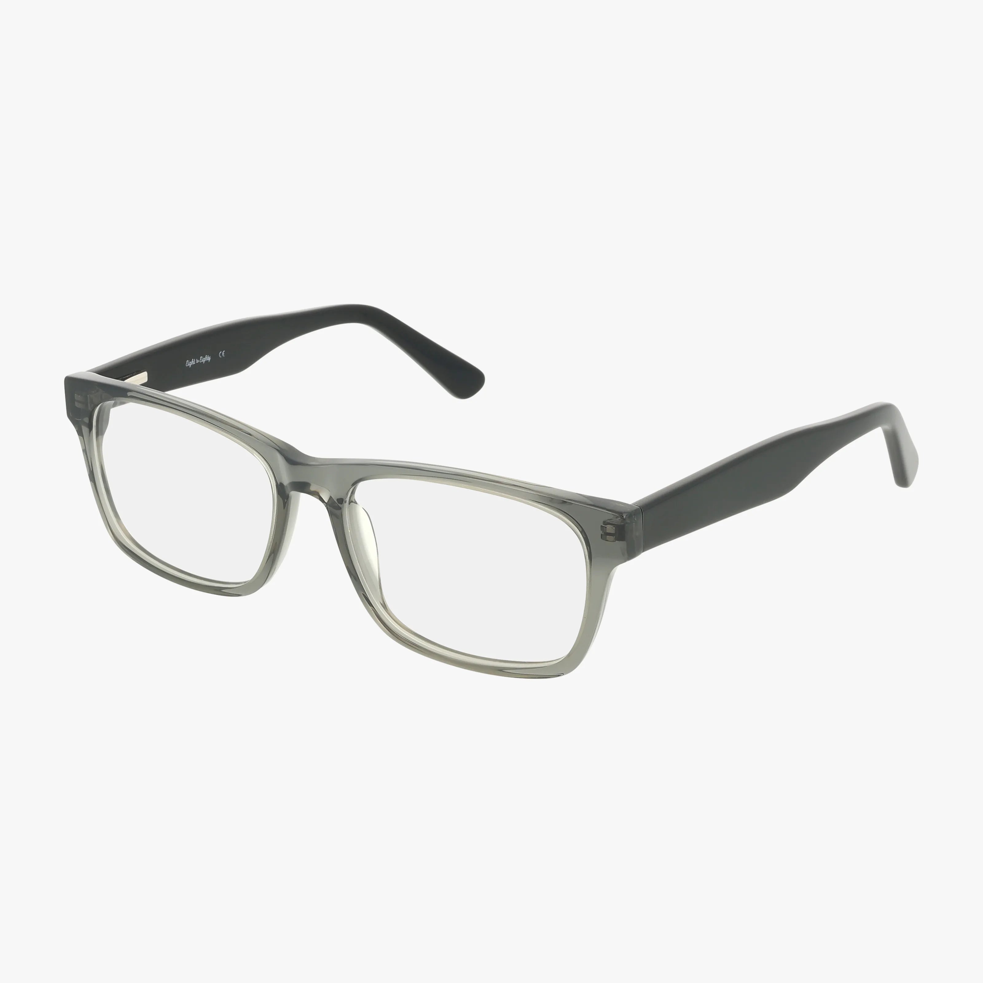 The Eight To Eighty DENNIS features rectangular clear lenses and semi-transparent gray frames with solid dark gray temples, combining distinct style and functionality against a plain white background.
