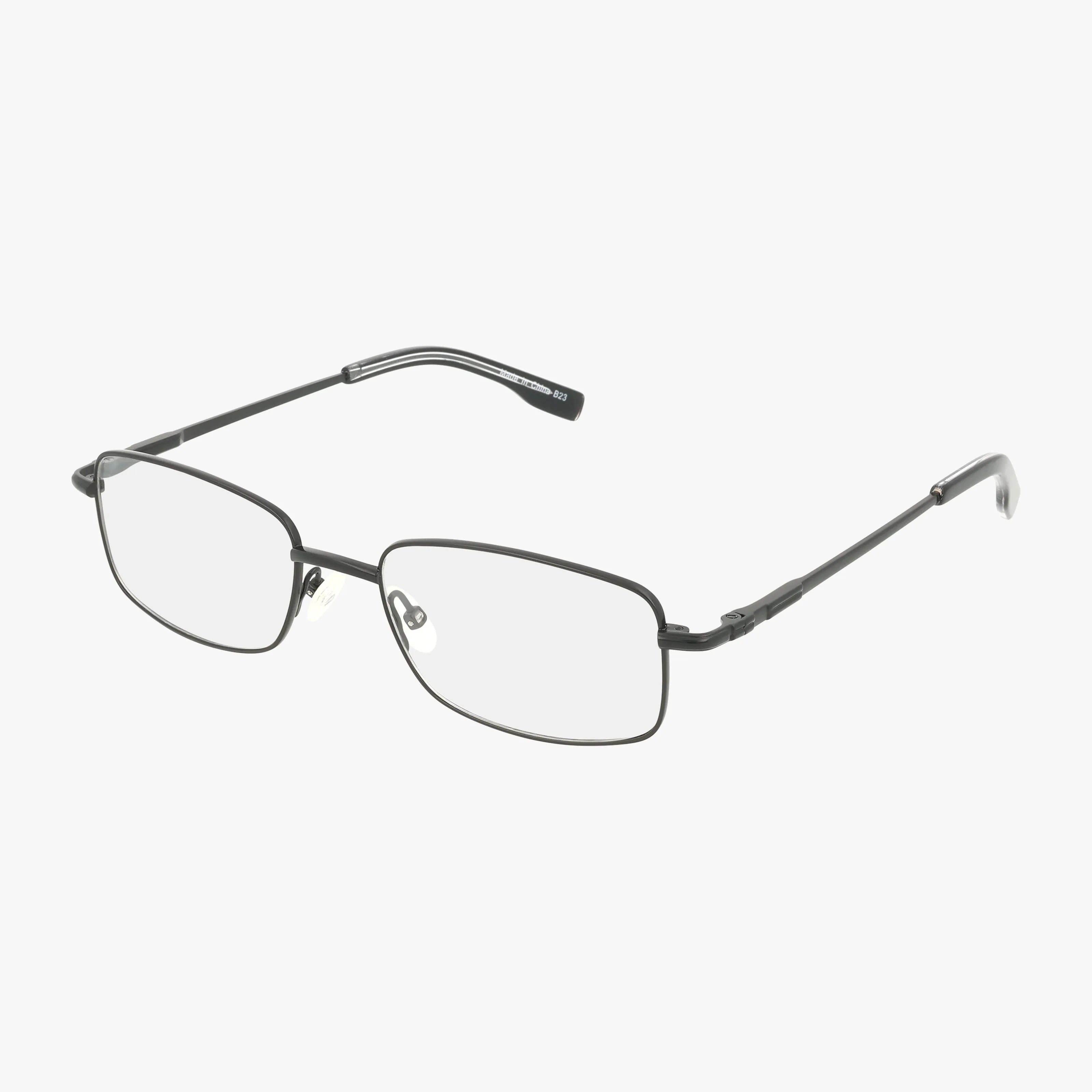 The Precision 102 features rectangular, thin-framed eyeglasses with black metal frames and clear progressive lenses, displayed on a white background.