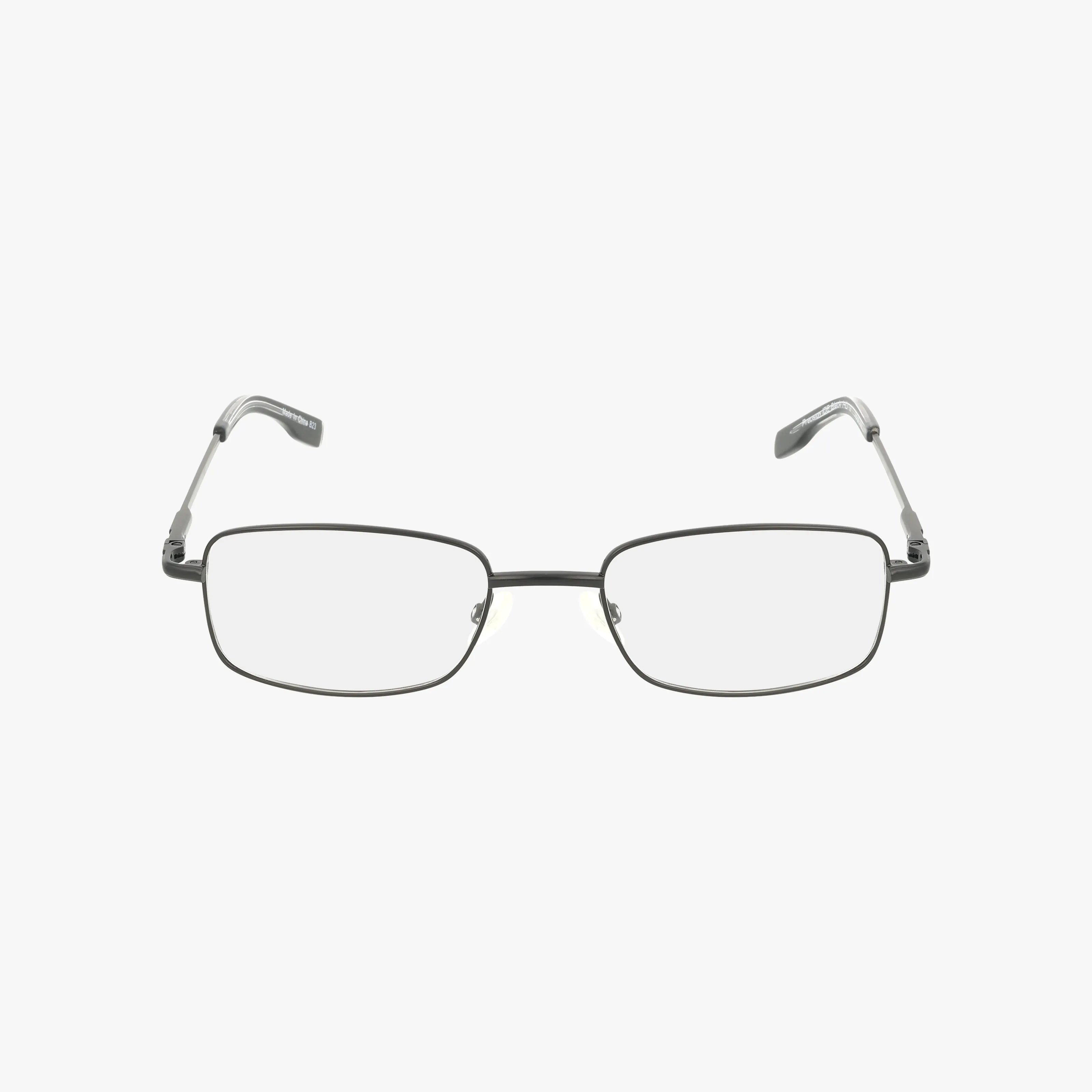 The Precision 102 eyeglasses feature a rectangular metal frame with clear progressive lenses and slightly curved temples, shown against a plain white background.