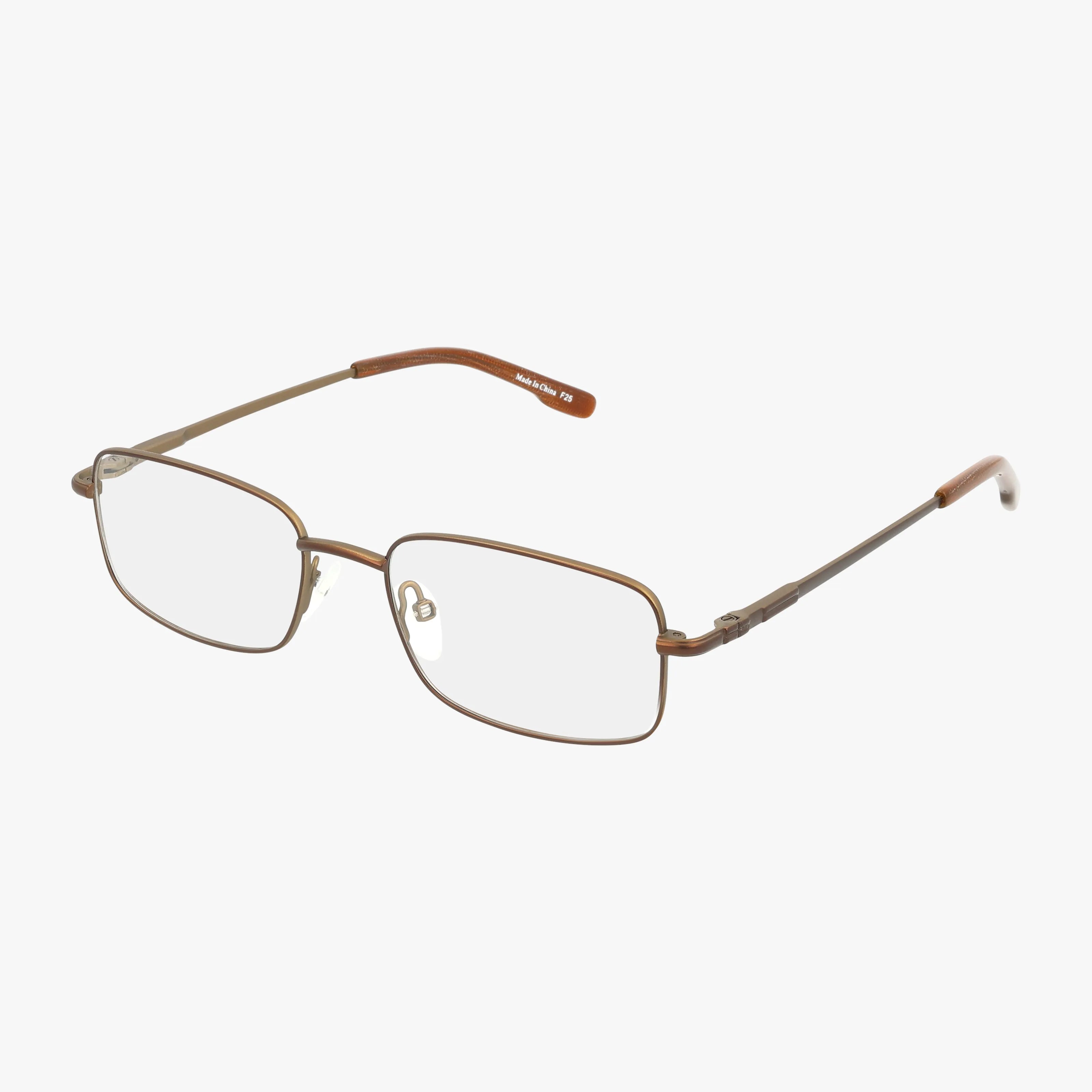 The Precision 102 eyeglasses feature rectangular thin metal brown frames with clear lenses, adjustable nose pads, and straight arms with brown plastic tips; sturdy and stylish, they are shown on a white background.