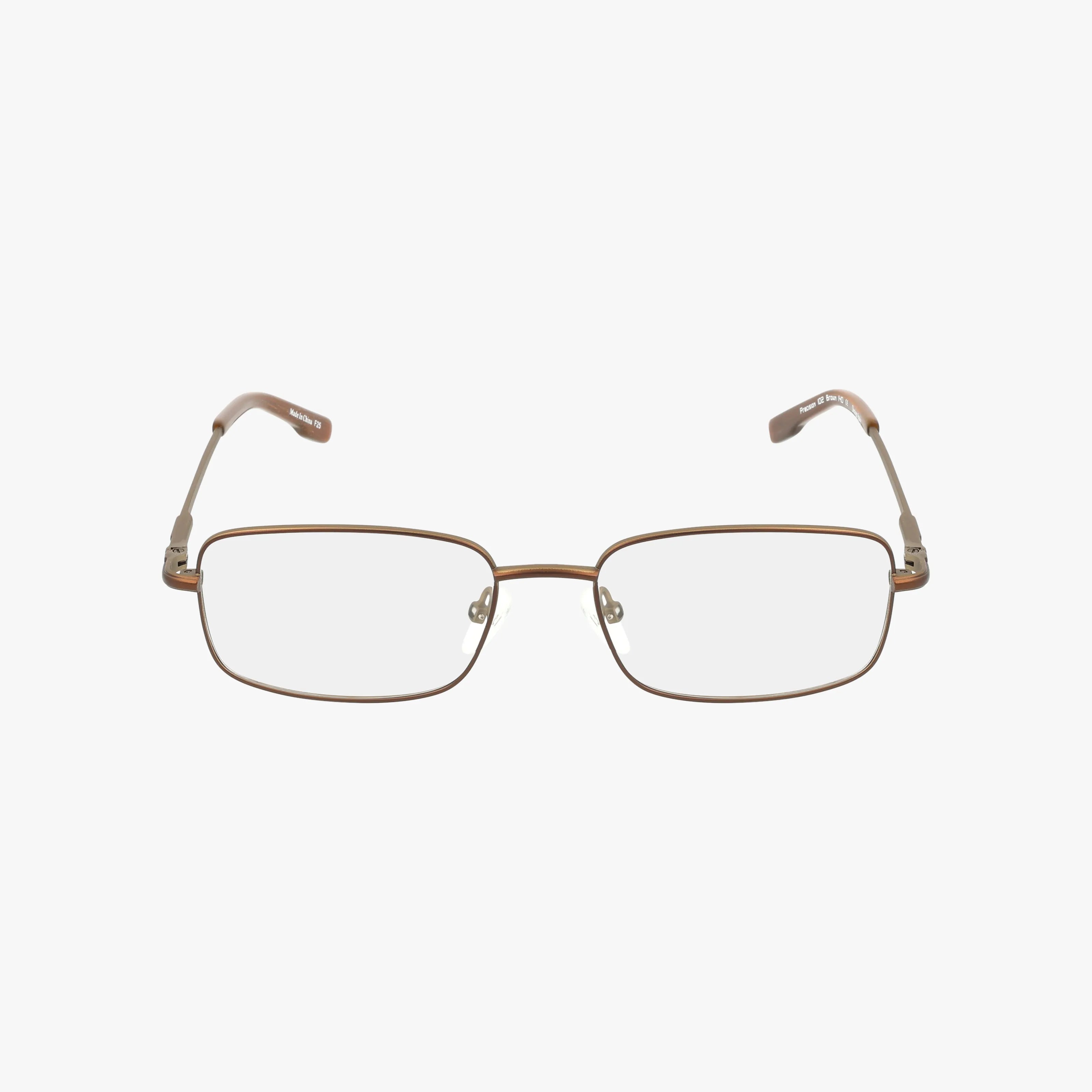 Precision 102 rectangular eyeglasses with thin brown metal frames and clear progressive lenses, shown front-facing against a white background.