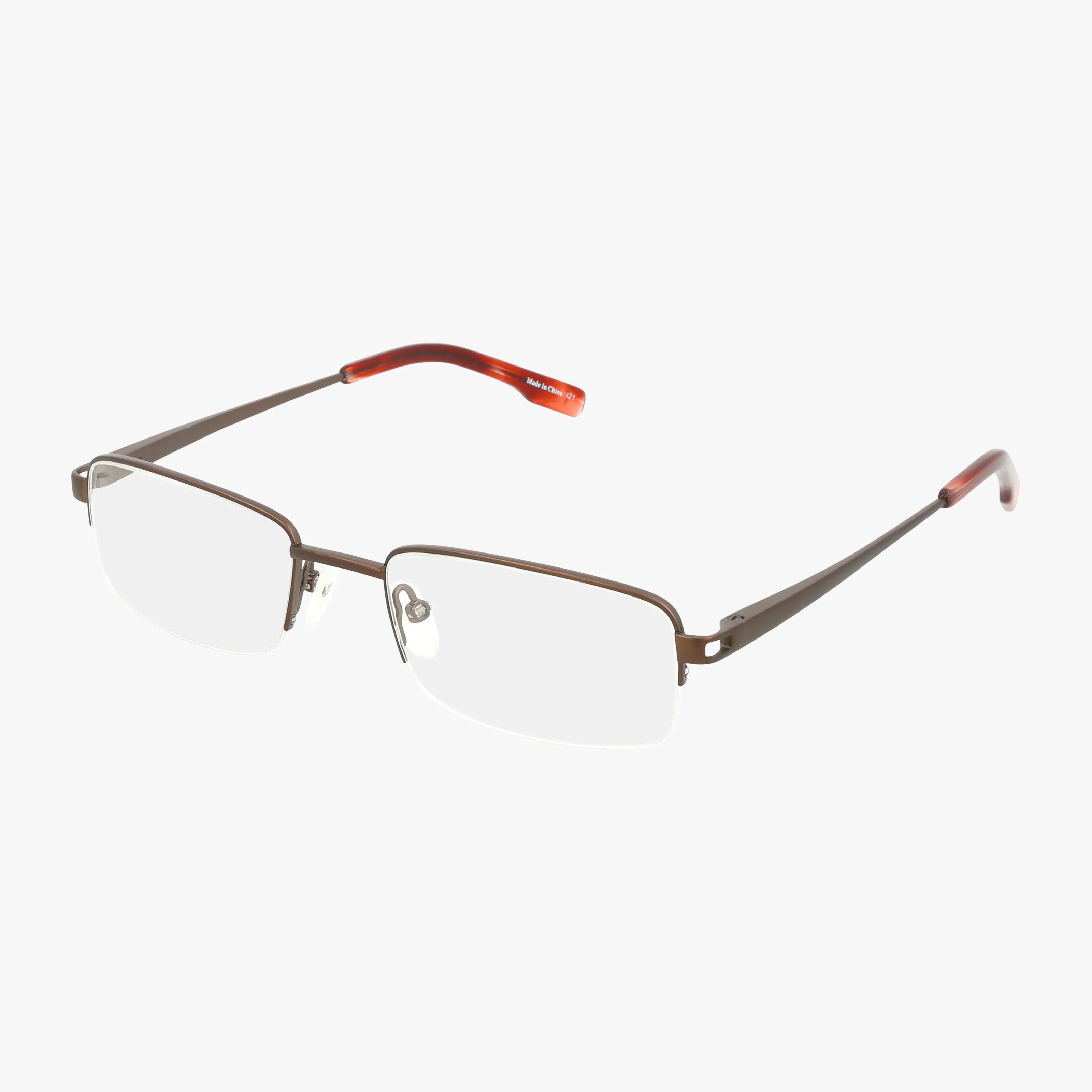 The Precision 105 showcases rectangular, rimless eyeglasses with thin dark metal arms and red-tipped earpieces, crafted from modern materials and displayed on a white background.