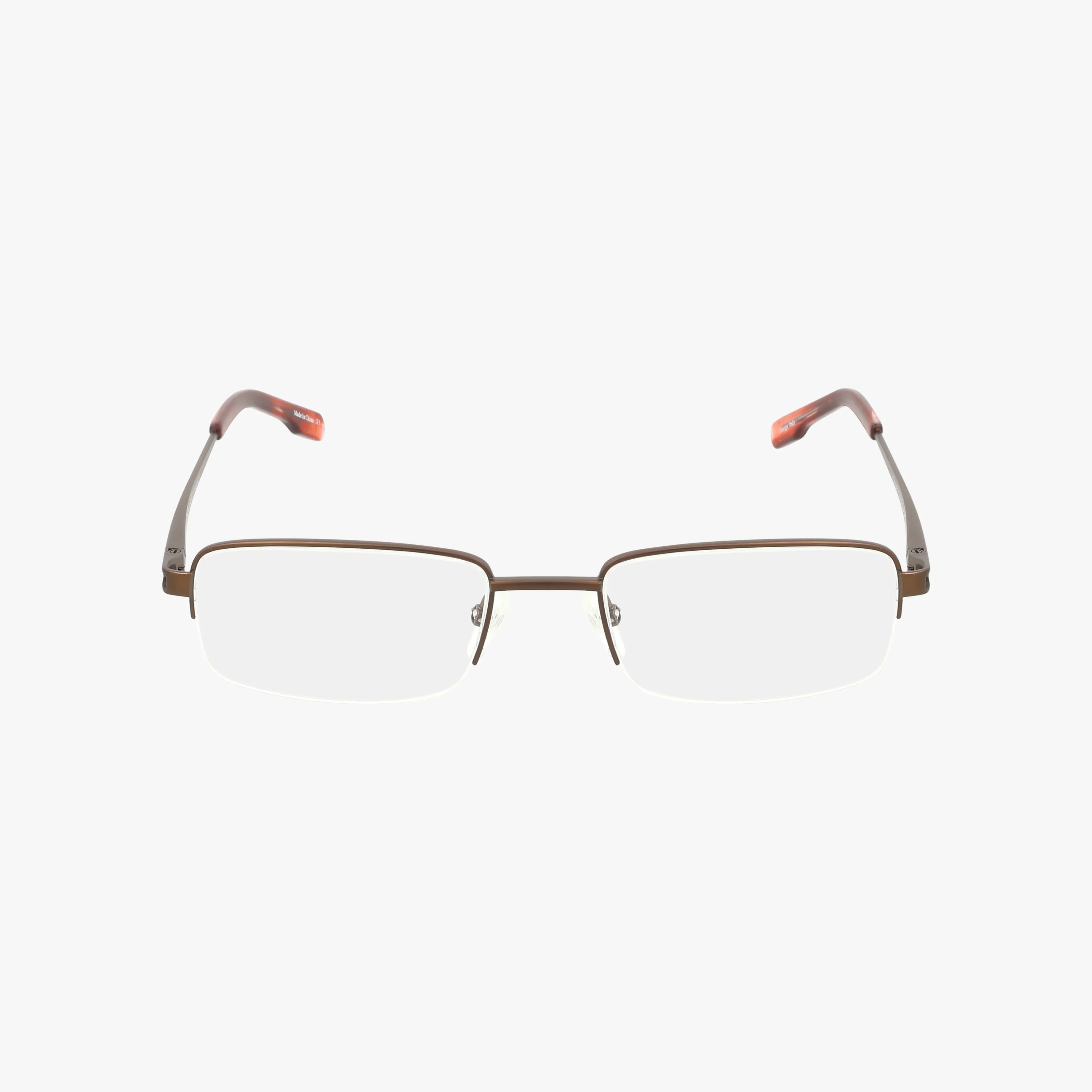 Precision 105 rectangular eyeglasses feature a stylish thin brown metal frame, clear lenses, and brown temples with reddish tips. Displayed on a plain white background.