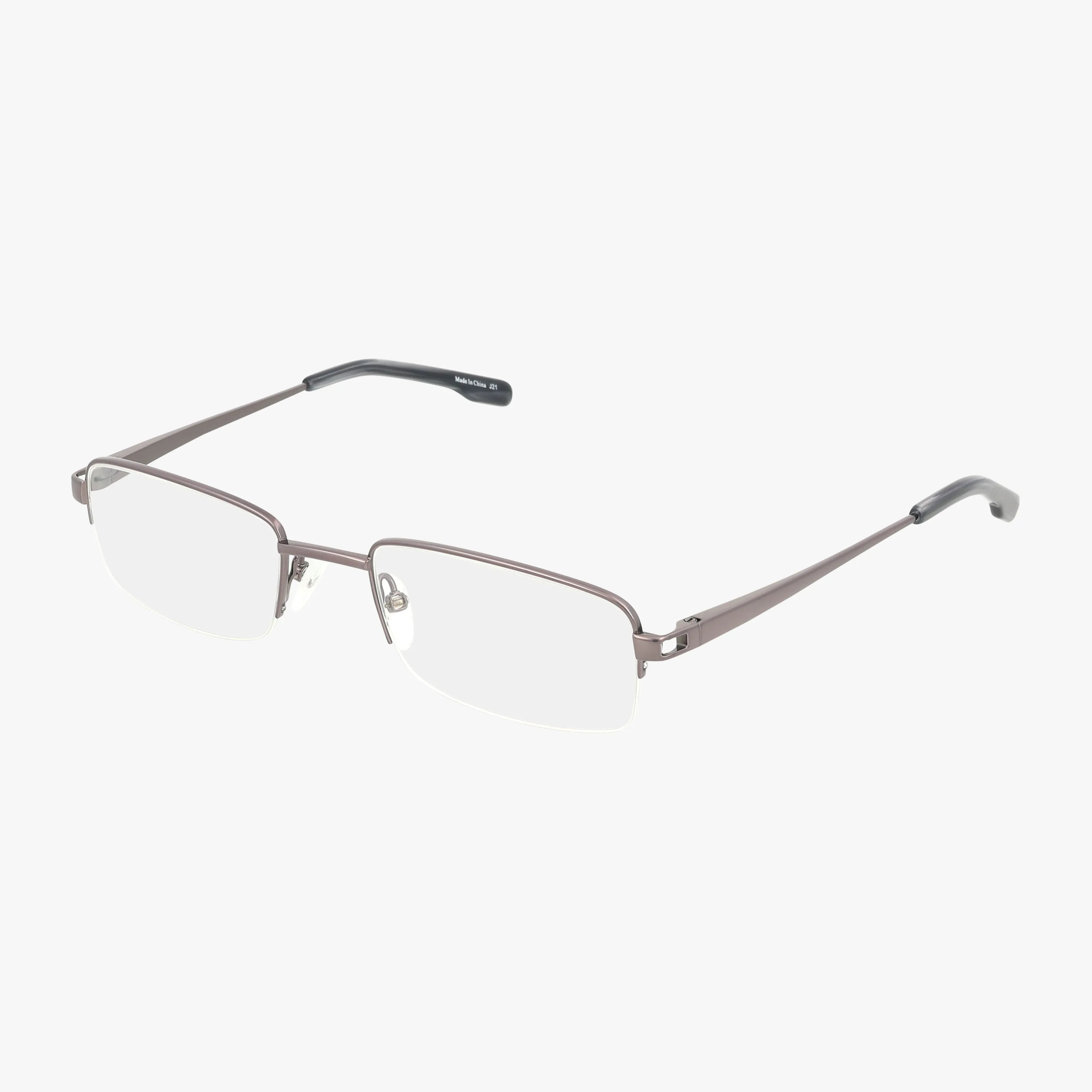 Precision 105 rectangular, rimless eyeglasses feature thin metallic brown arms and clear lenses, crafted from modern materials and shown on a white background.