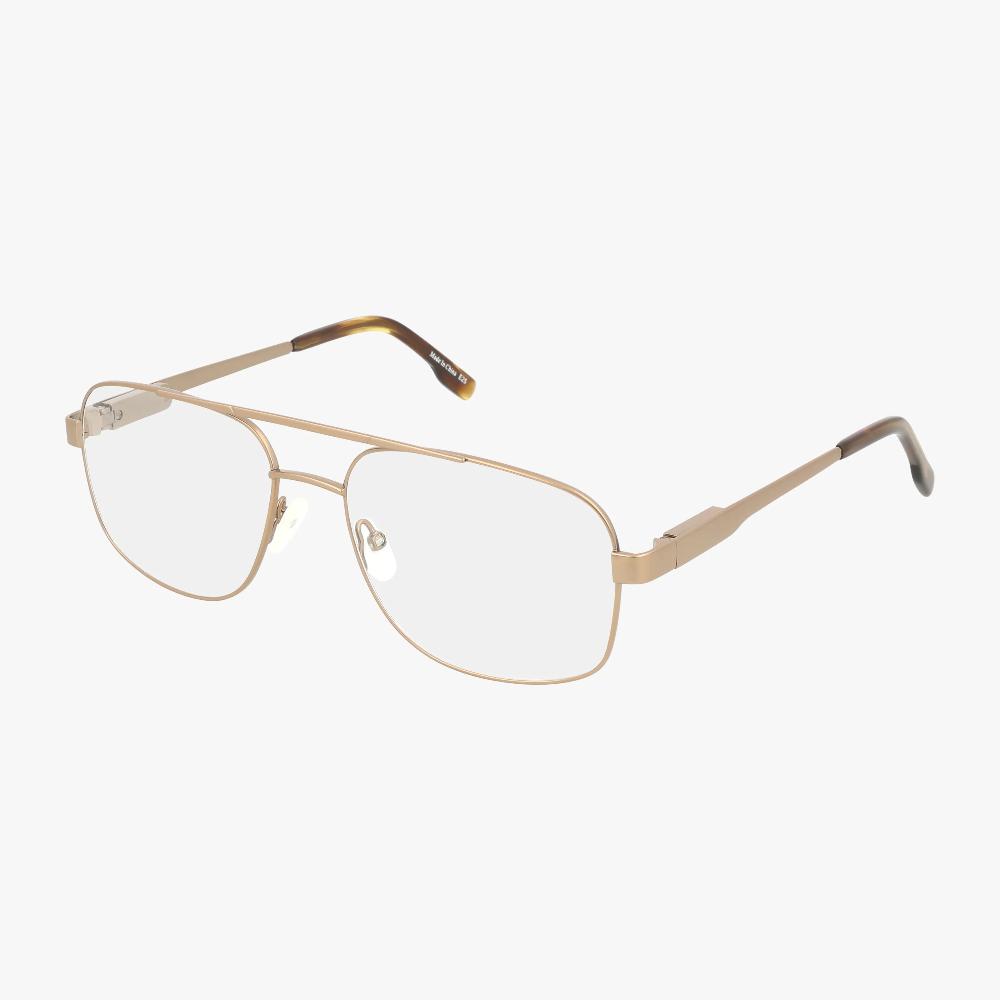 Precision’s 110 eyeglasses feature a gold metal aviator-style polished frame, clear lenses, adjustable nose pads, and brown-tipped temple arms, shown on a white background.