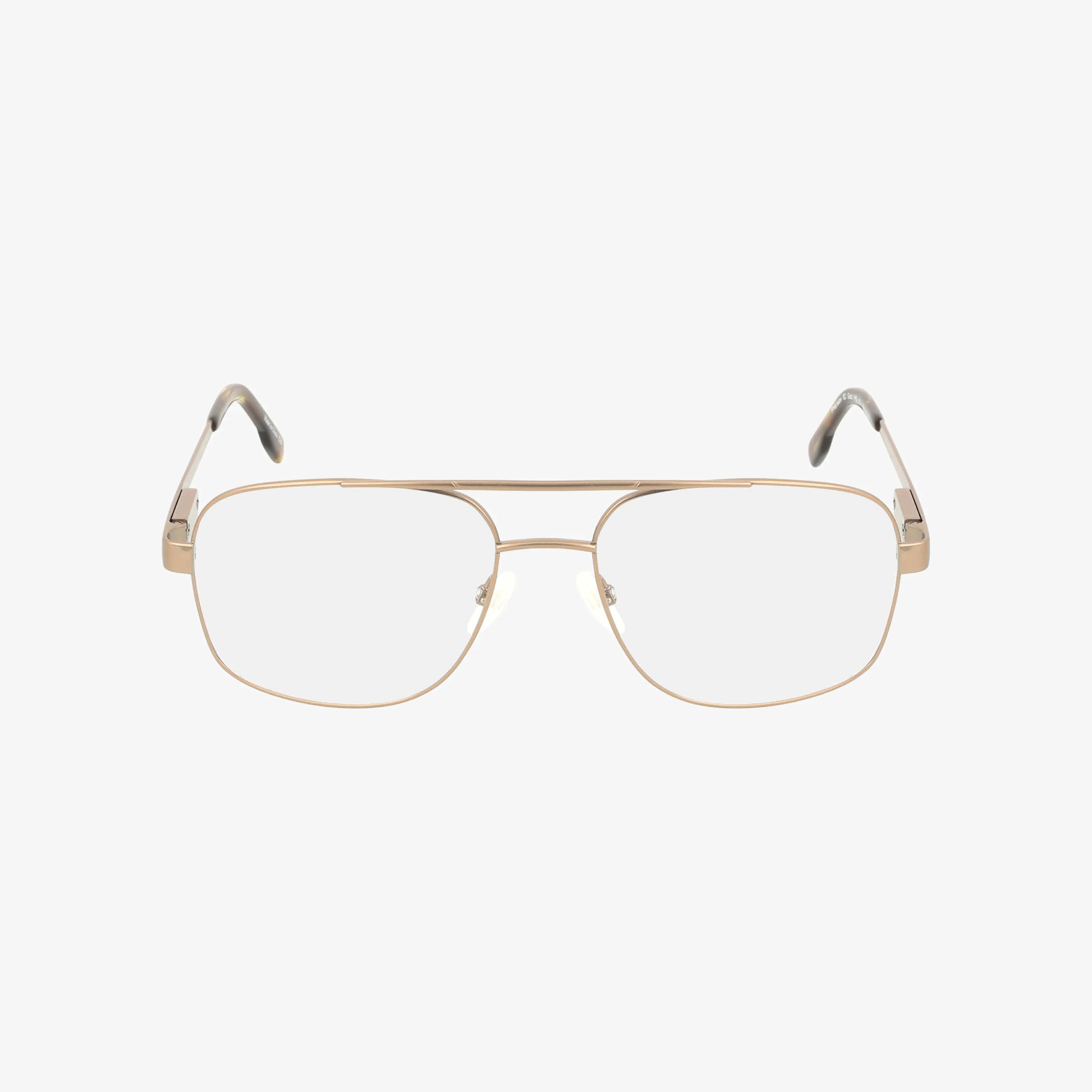 The Precision 110 features gold metal aviator-style eyeglasses with a polished frame, clear lenses, double bridge, and black-tipped temple arms, shown against a plain white background.