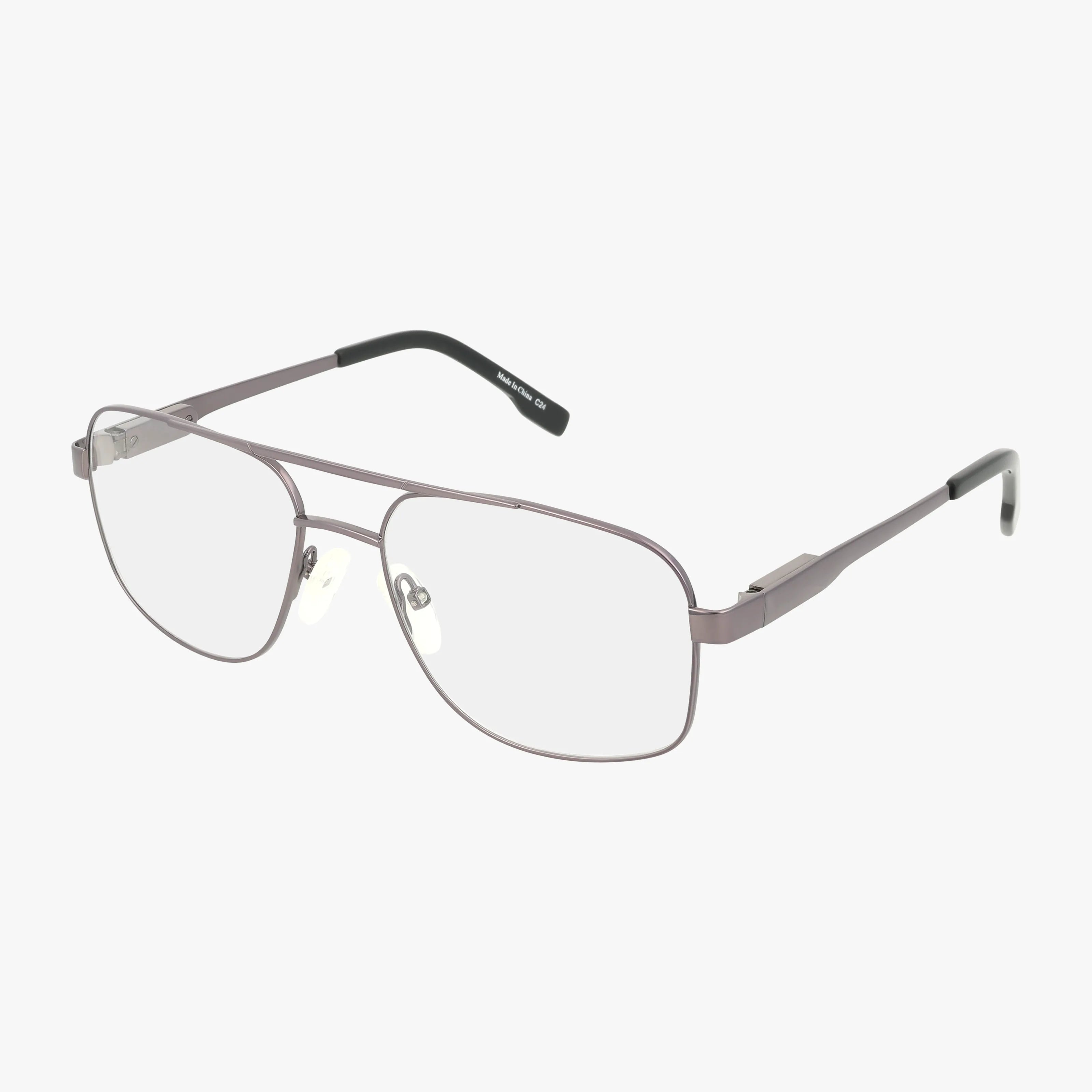 The Precision 110 eyeglasses feature a stylish aviator design with a thin silver metal frame, clear lenses, and black-tipped arms, showcased on a white background.
