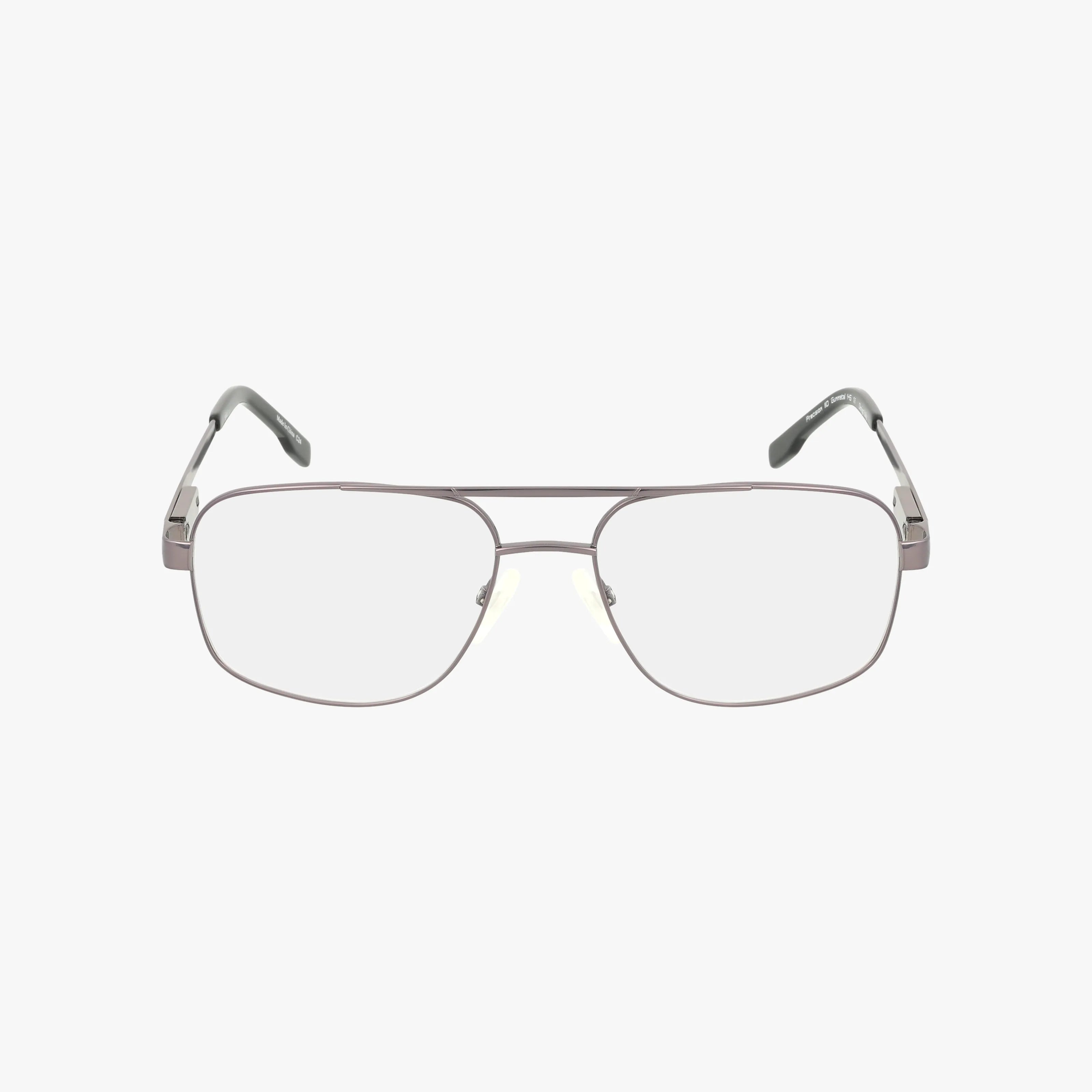 The Precision 110 is a pair of silver metal aviator eyeglasses featuring a polished frame, clear lenses, and dark temple tips, shown on a white background.