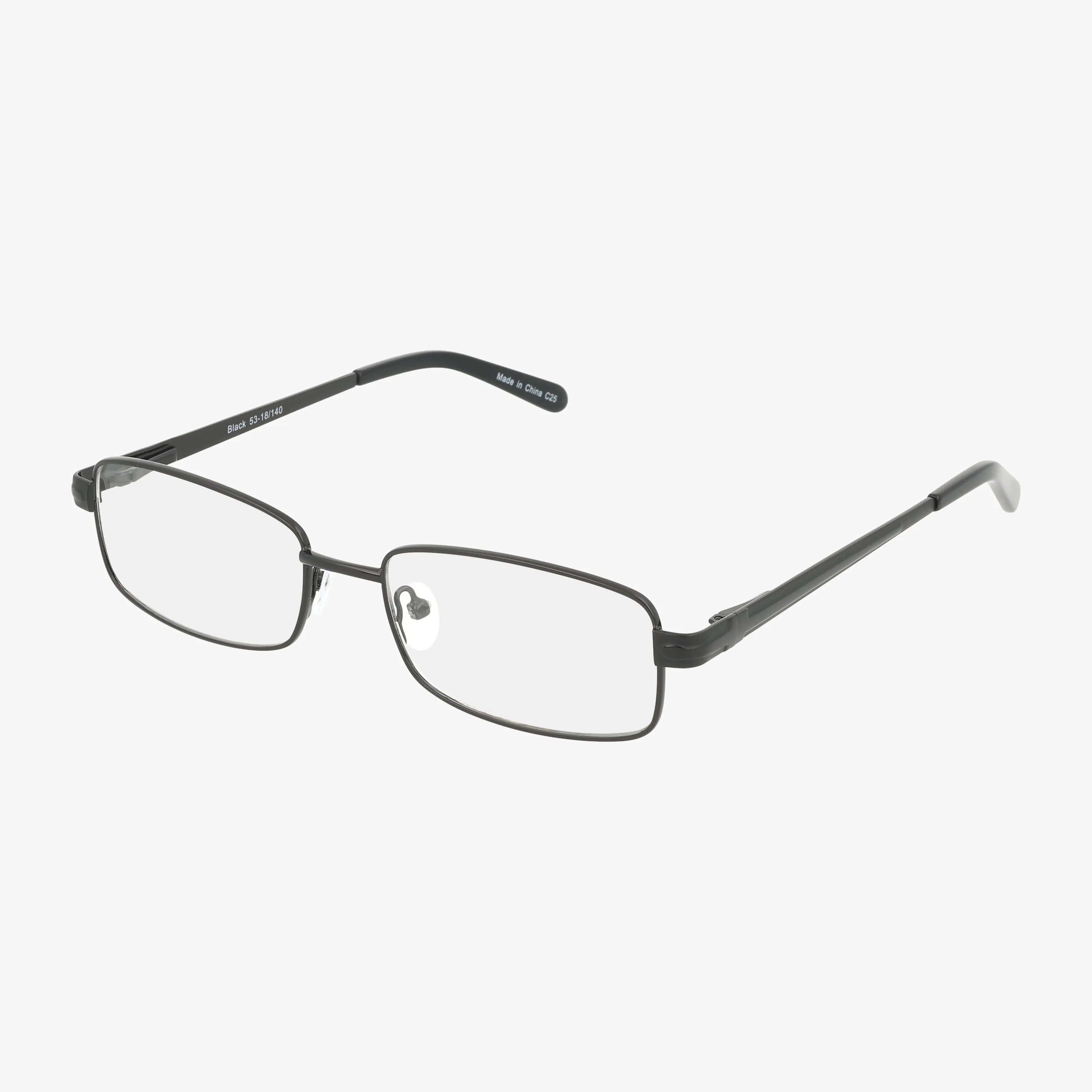 Exclusive 161 features rectangular, rimmed eyeglasses with a bold, thin black metal frame and clear lenses. The straight temples have slight curves at the ends for sturdy everyday wear. Displayed on a white background.