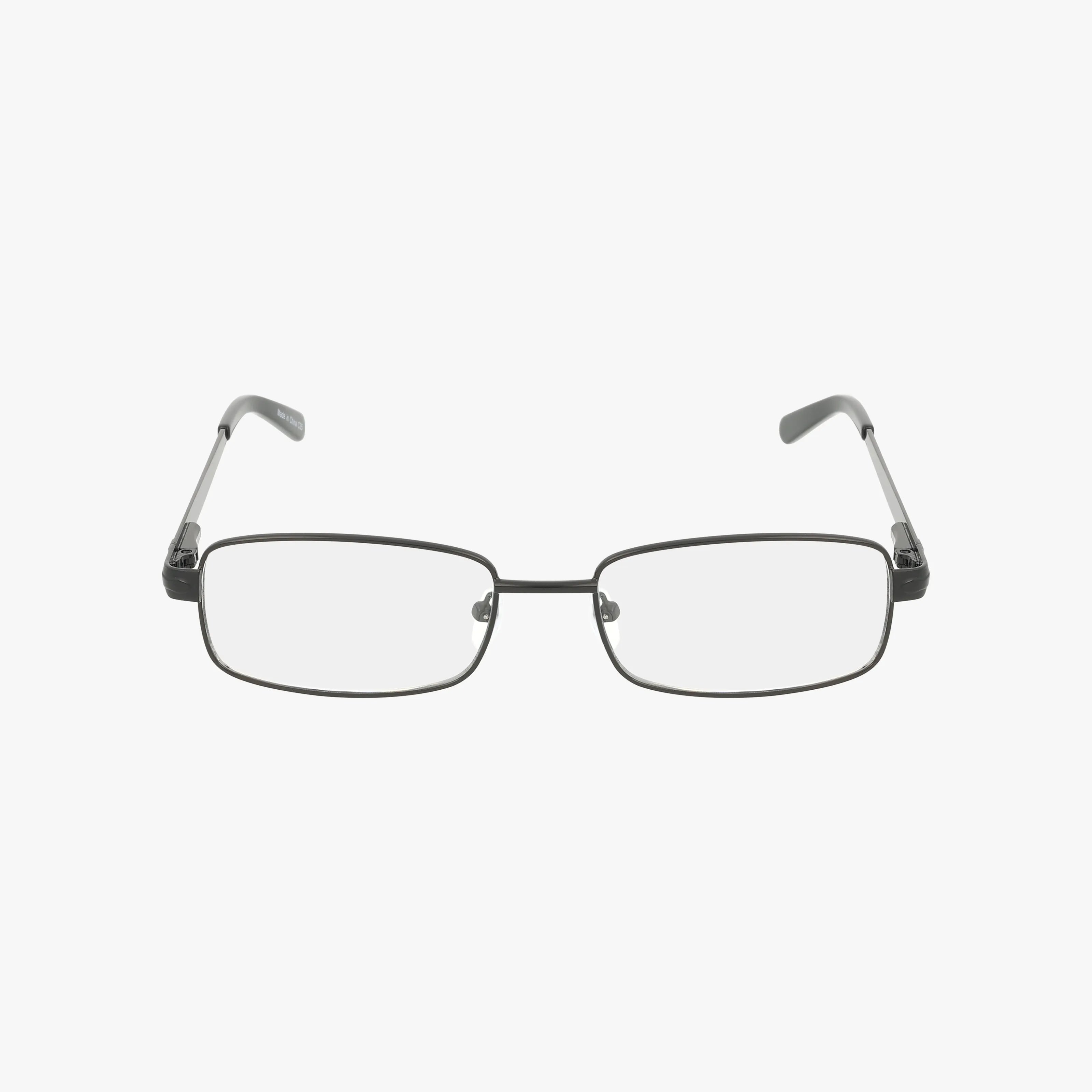 Exclusive 161 rectangular thin metal-framed eyeglasses feature progressive lenses and gray temples, shown on a white background.