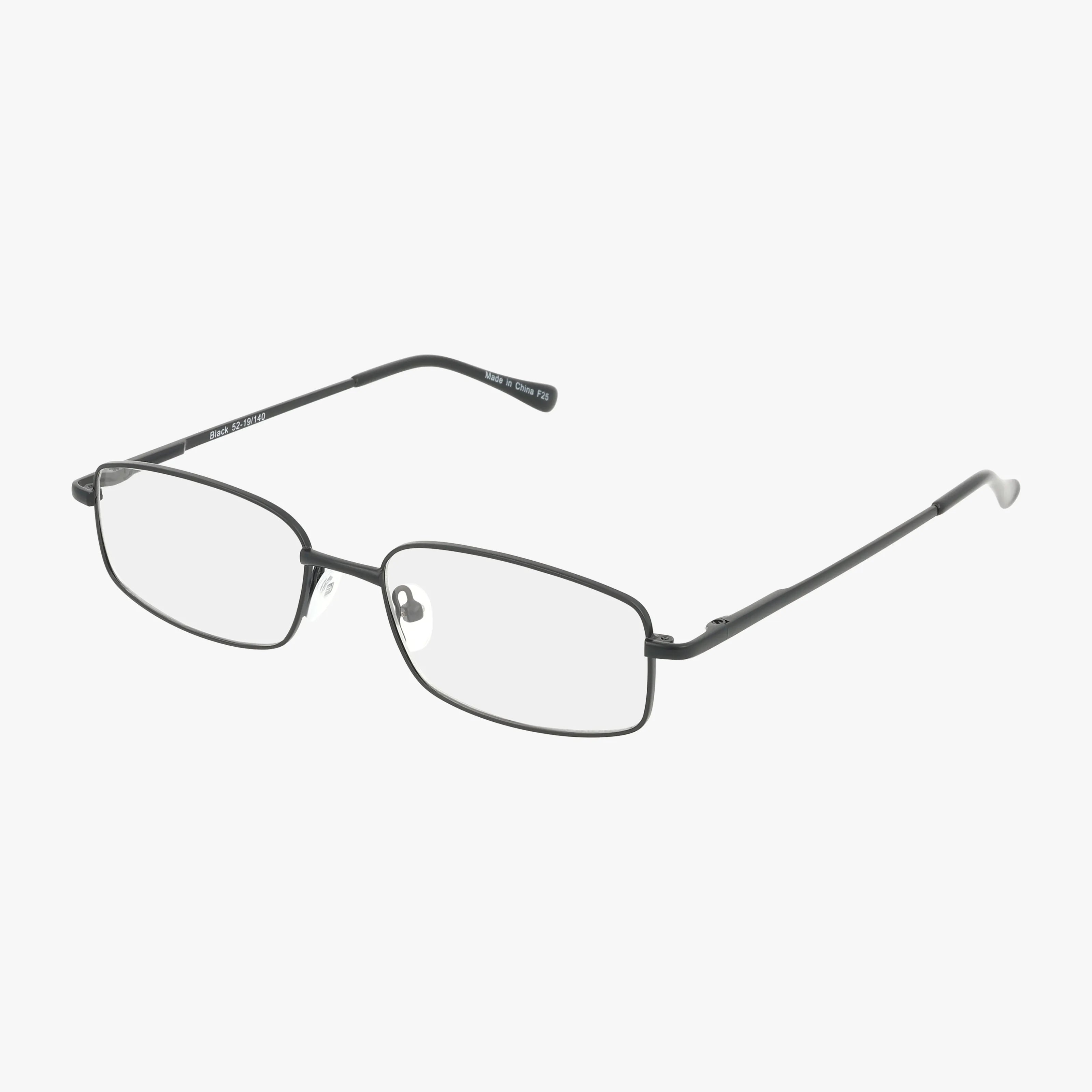 The Exclusive 176 features thin, rectangular black metal frames with clear lenses and straight temples, designed to help you stand out. Photographed on a white background.