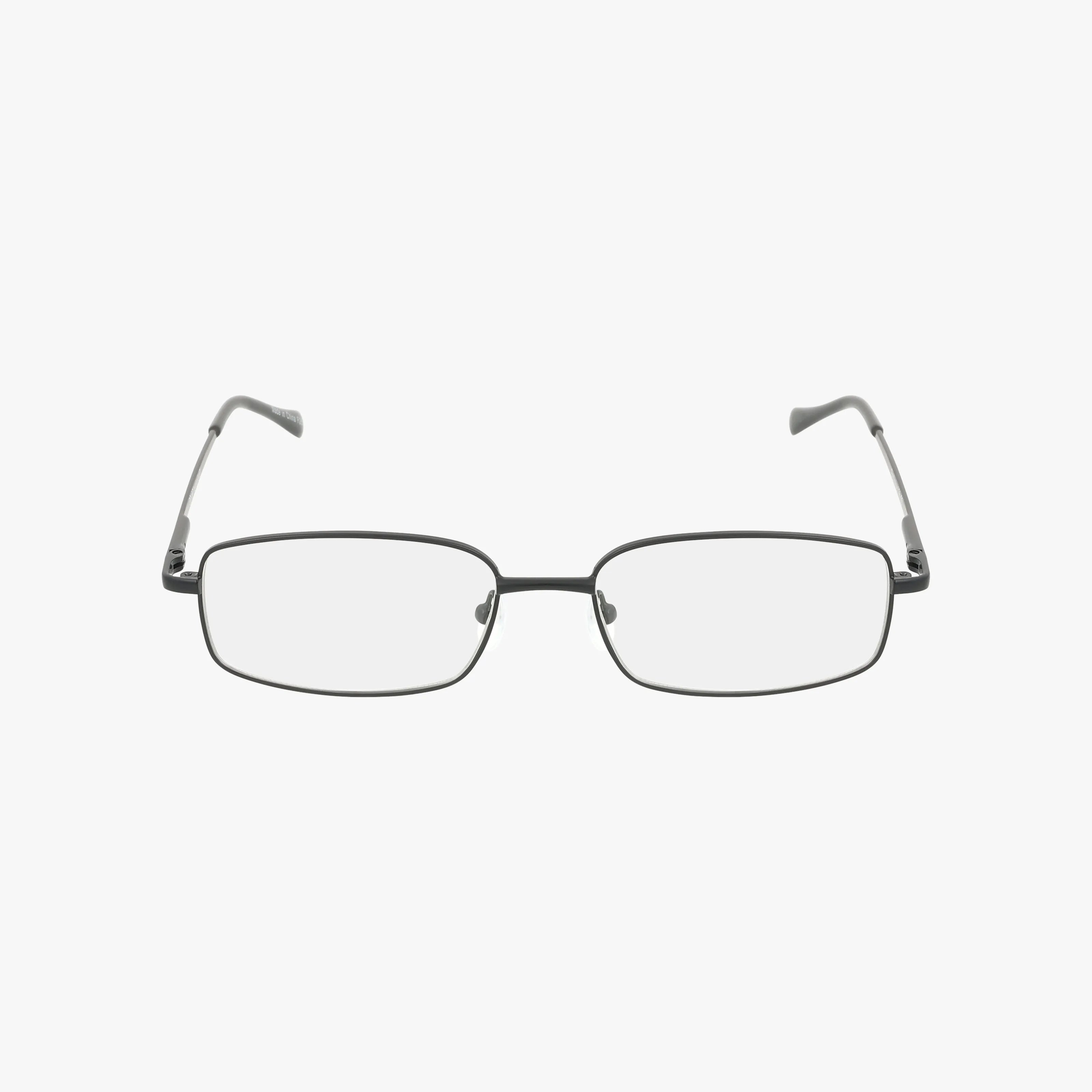 Exclusive’s 176 features rectangular eyeglasses with thin, dark metal frames and clear lenses. The curved arm ends ensure a secure fit, creating a standout look against a plain white backdrop.