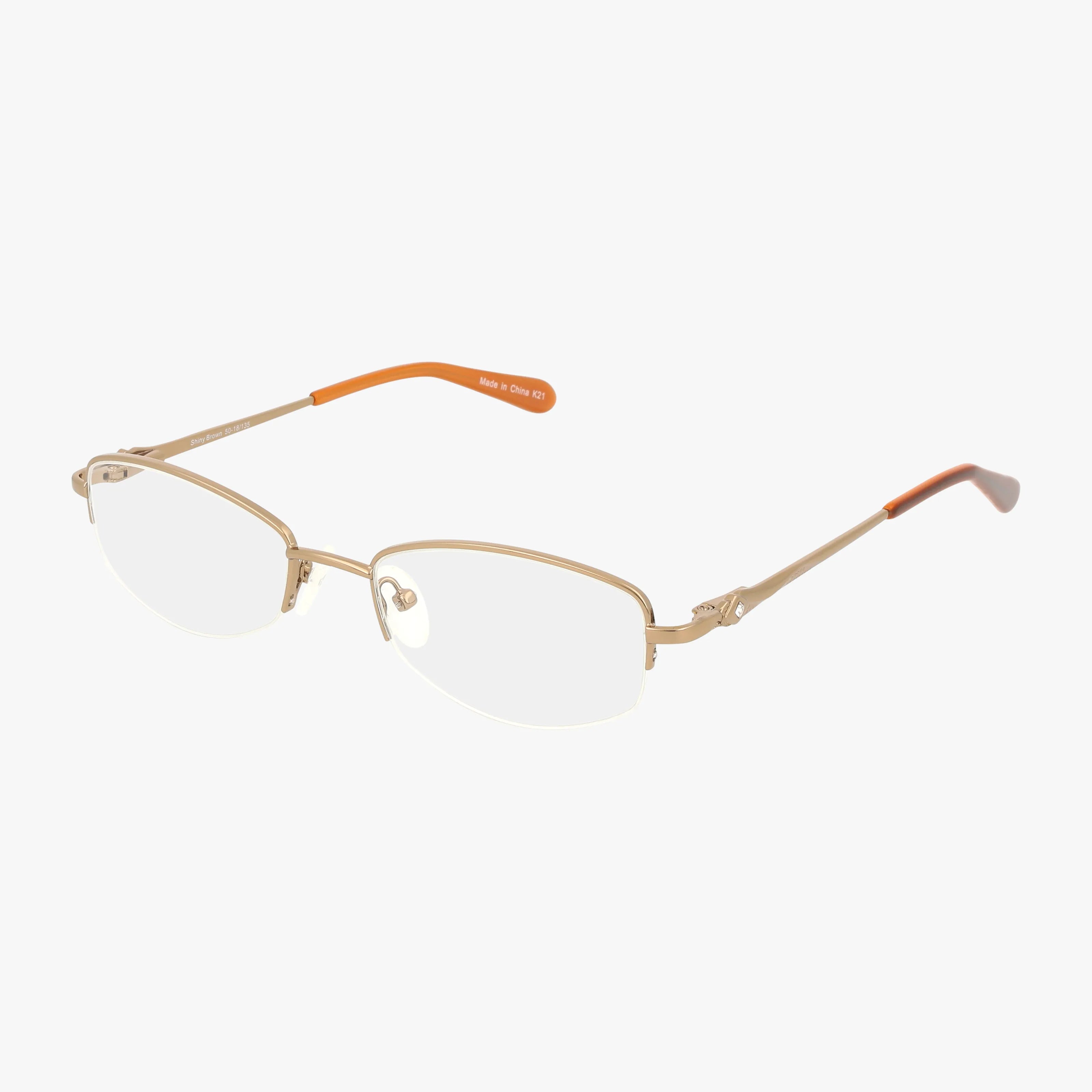 The Fregossi 602 eyeglasses feature a semi-rimless, brown metal frame with clear lenses and orange temple tips, highlighting quality craftsmanship against a white background.