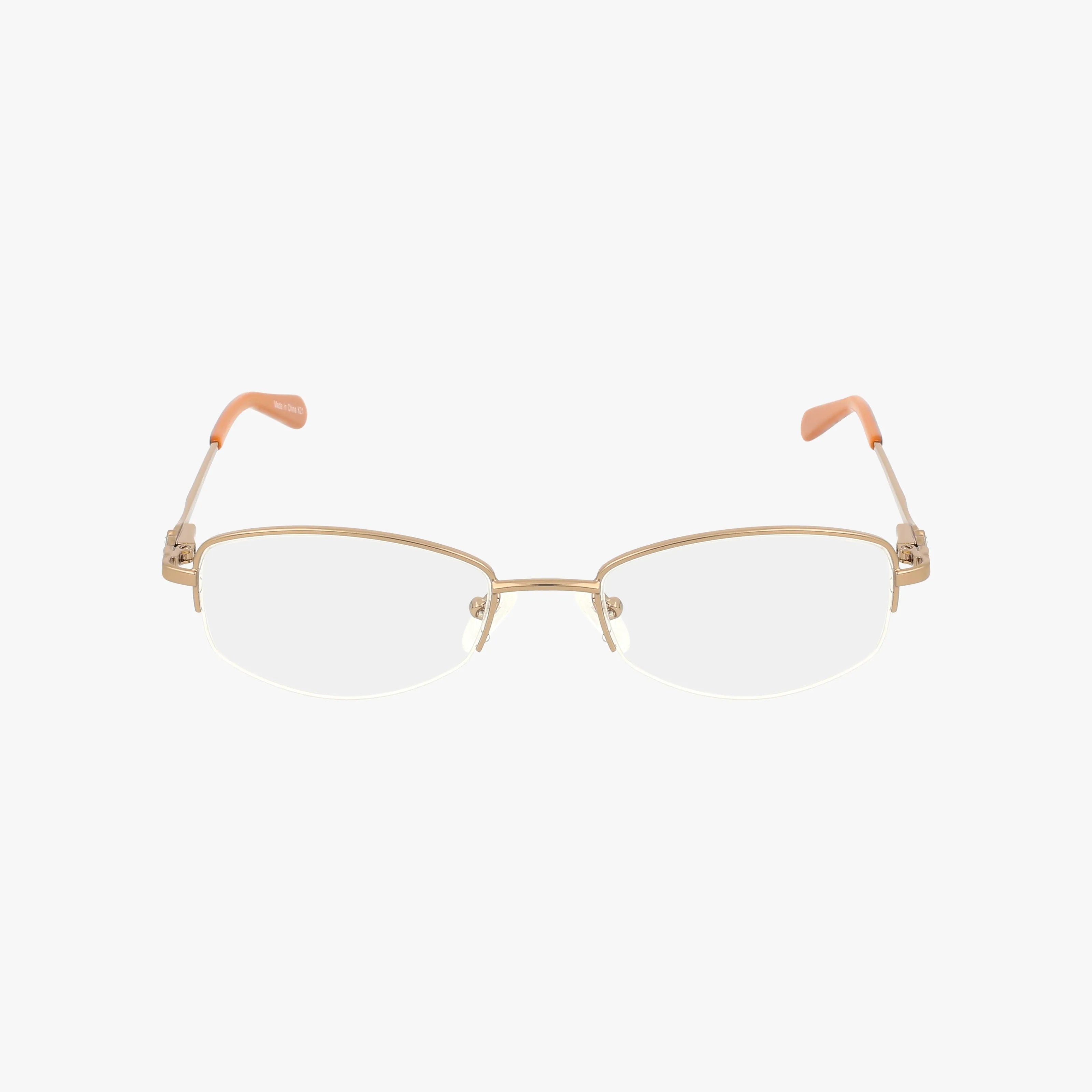 The Fregossi 602 rimless eyeglasses feature gold metal arms, clear lenses, and light peach arm tips. Expertly crafted with a lightweight frame, they are elegantly presented against a plain white background.