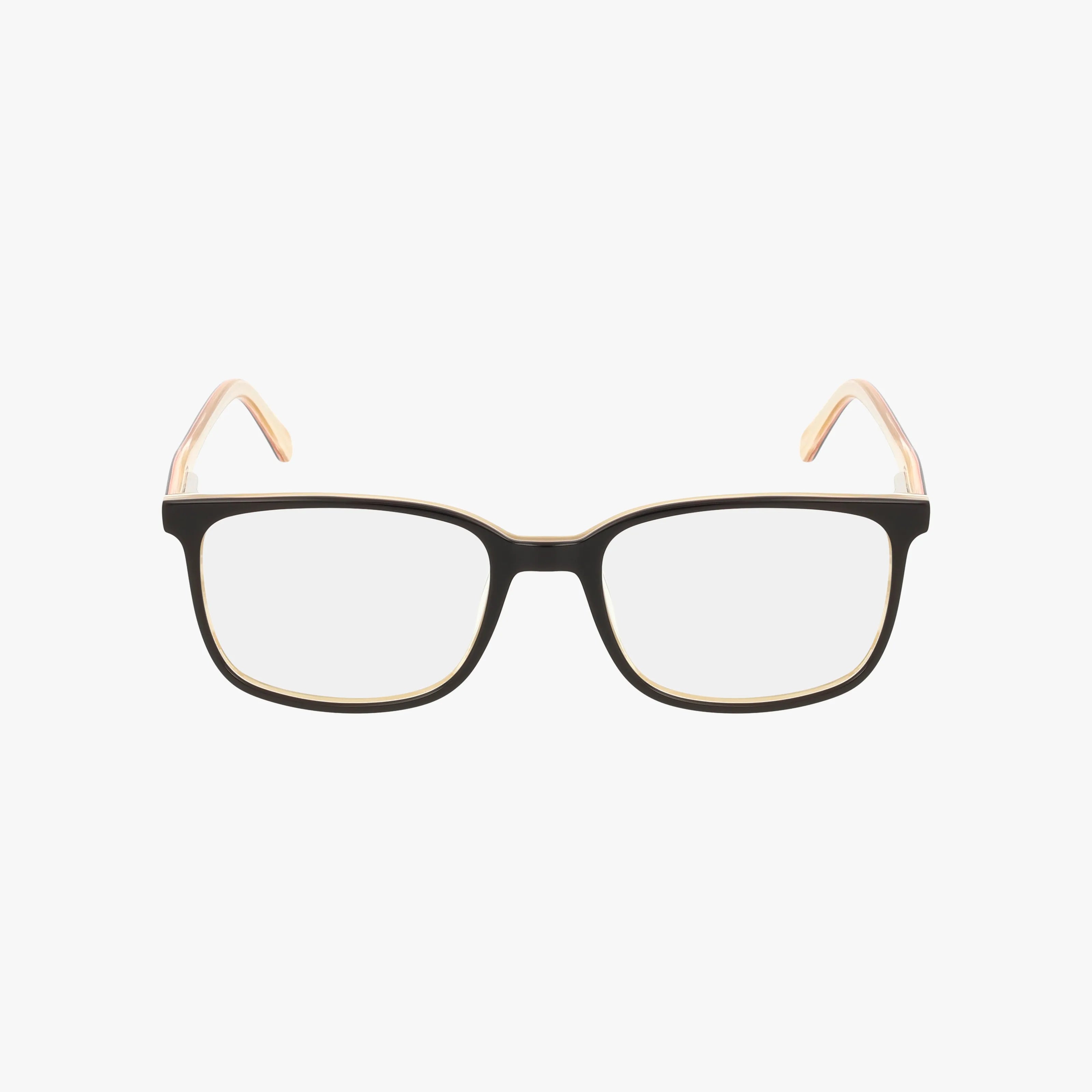 The Fregossi 420 features black rectangular eyeglass frames with classic lines, clear Transitions lenses, and light beige or peach temple arms, shown on a plain white background.