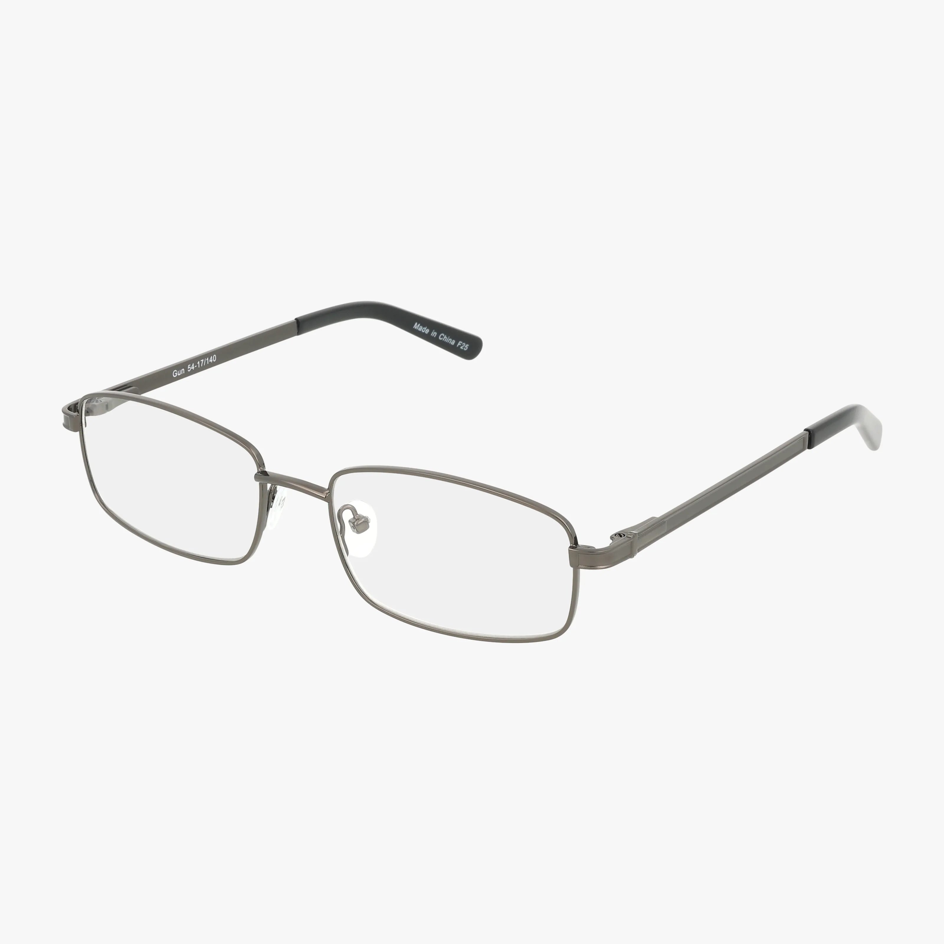 Fregossi 625 rectangular eyeglasses in gunmetal, featuring a stylish metallic frame, clear lenses, black temple tips, and adjustable nose pads for balance, displayed on a white background.