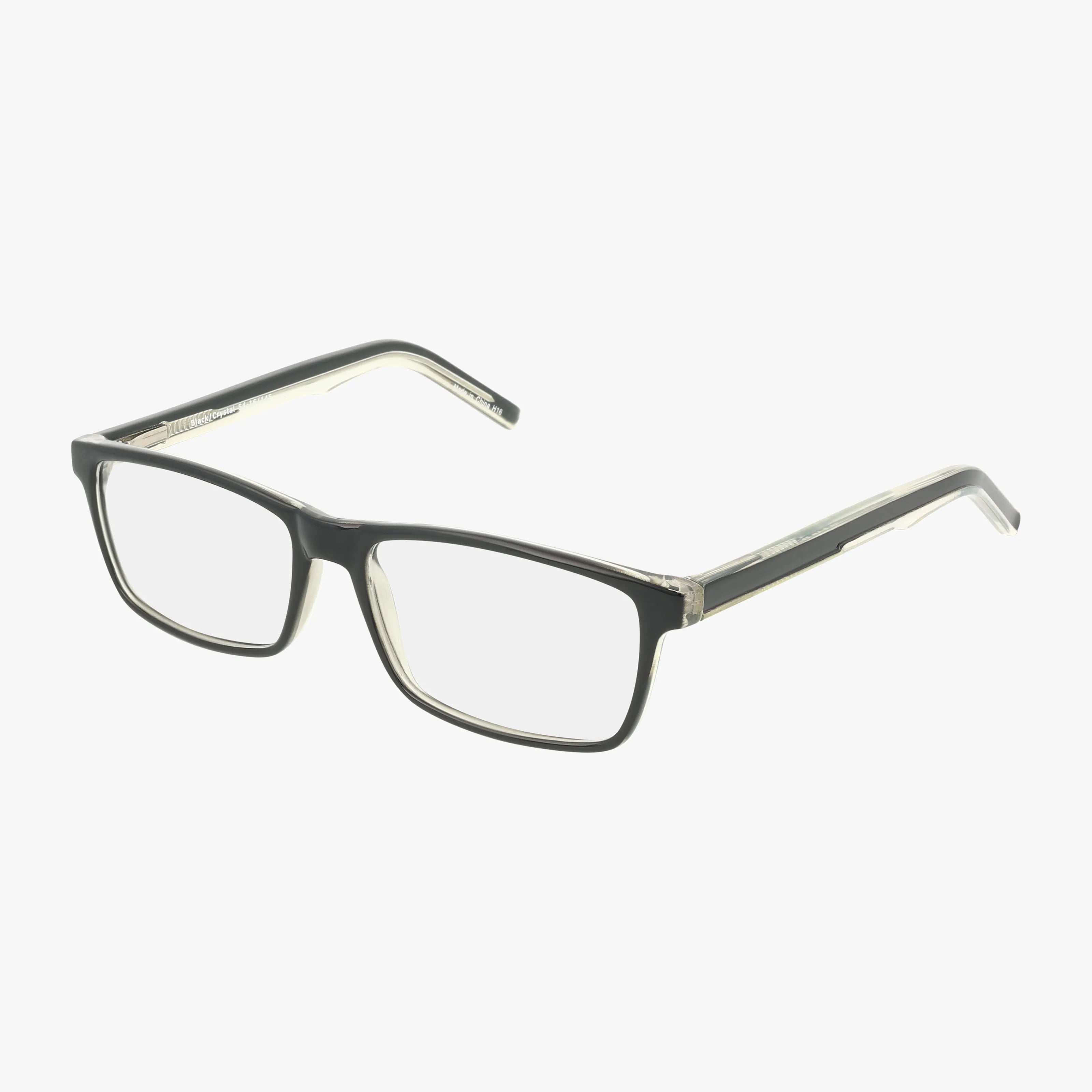 The CNBCN 39 eyeglasses in Black Clear feature a durable rectangular frame, clear lenses, and slightly transparent temples, shown on a plain white background.
