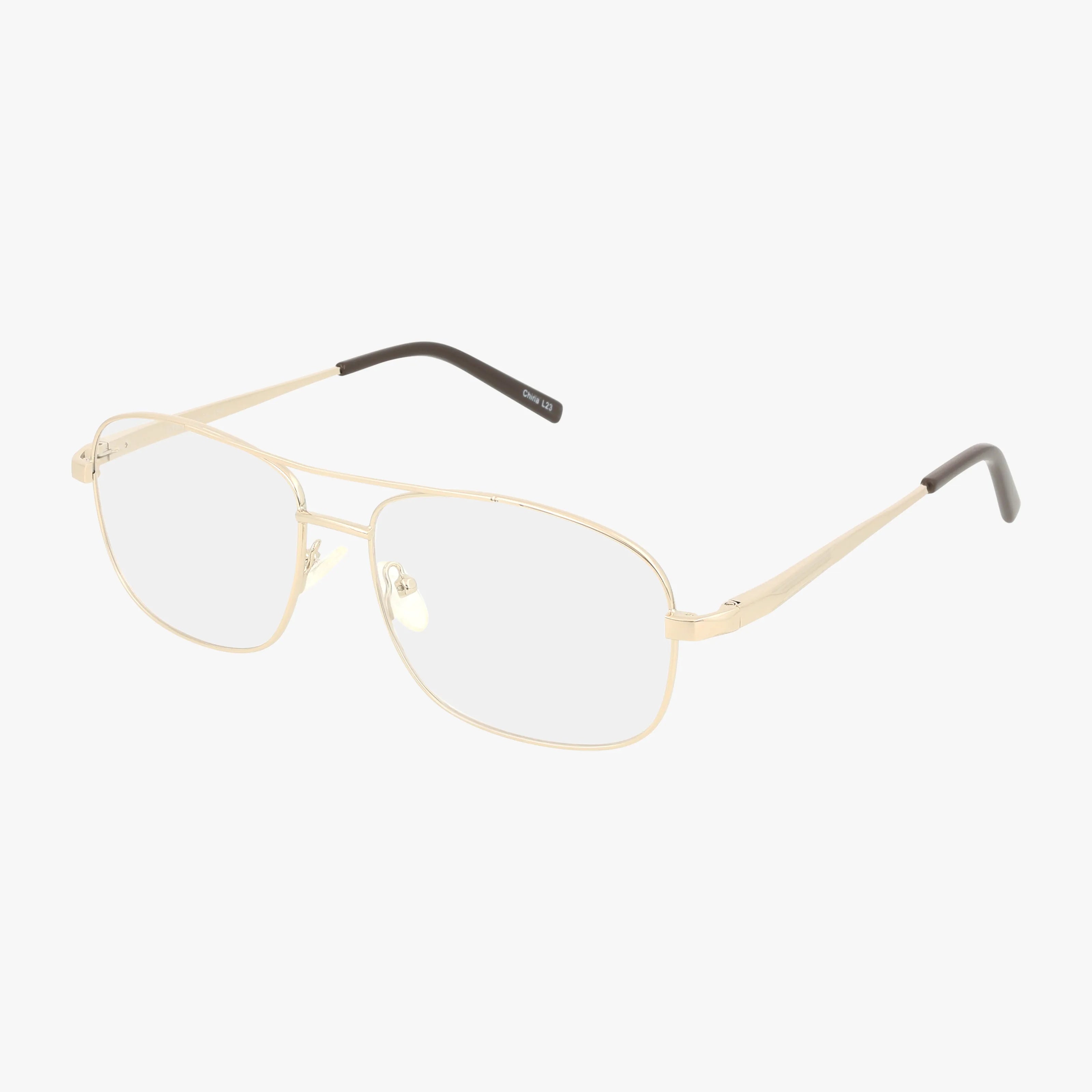 Exclusive’s 194 gold metal aviator eyeglasses feature blue light lenses, thin frames, adjustable nose pads, and black temple tips for stylish eyewear shown on a white background.