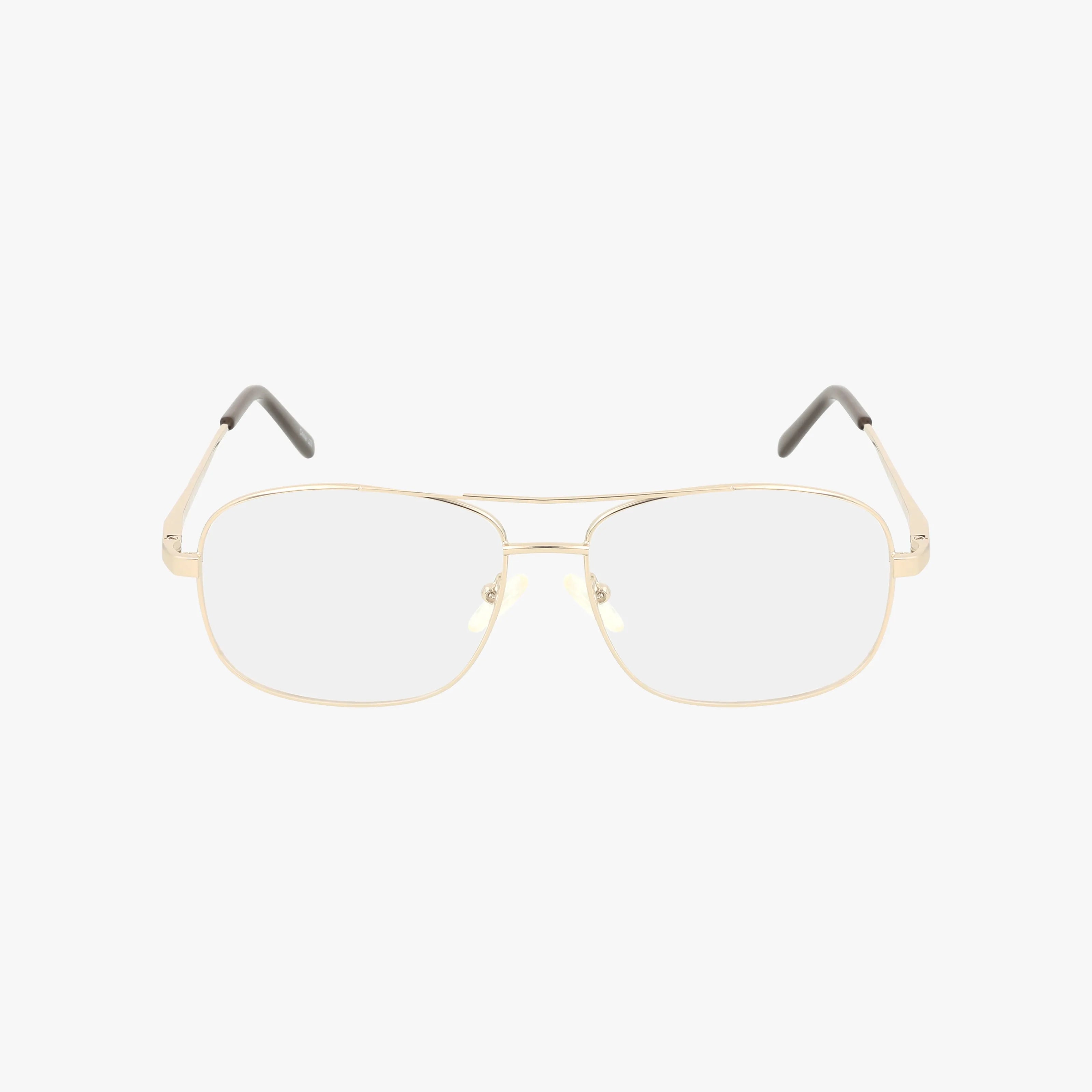 The Exclusive 194 eyeglasses feature a gold metal, durable rectangular frame, clear lenses, and black arm tips, displayed against a white background.