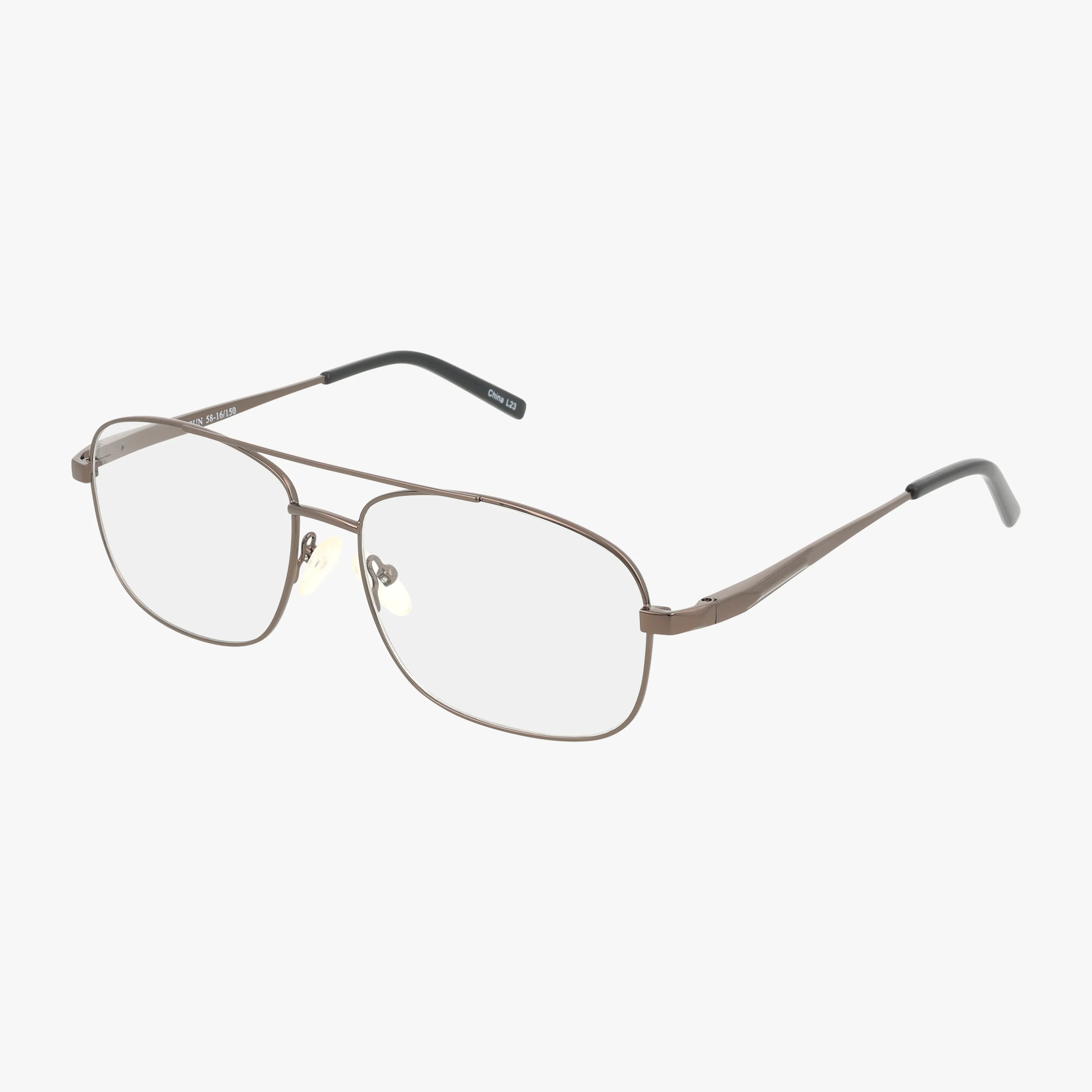 Exclusive 194: Rectangular wire-frame eyeglasses with a thin, metallic brown durable frame, adjustable nose pads, and black-tipped arms, displayed on a white background.