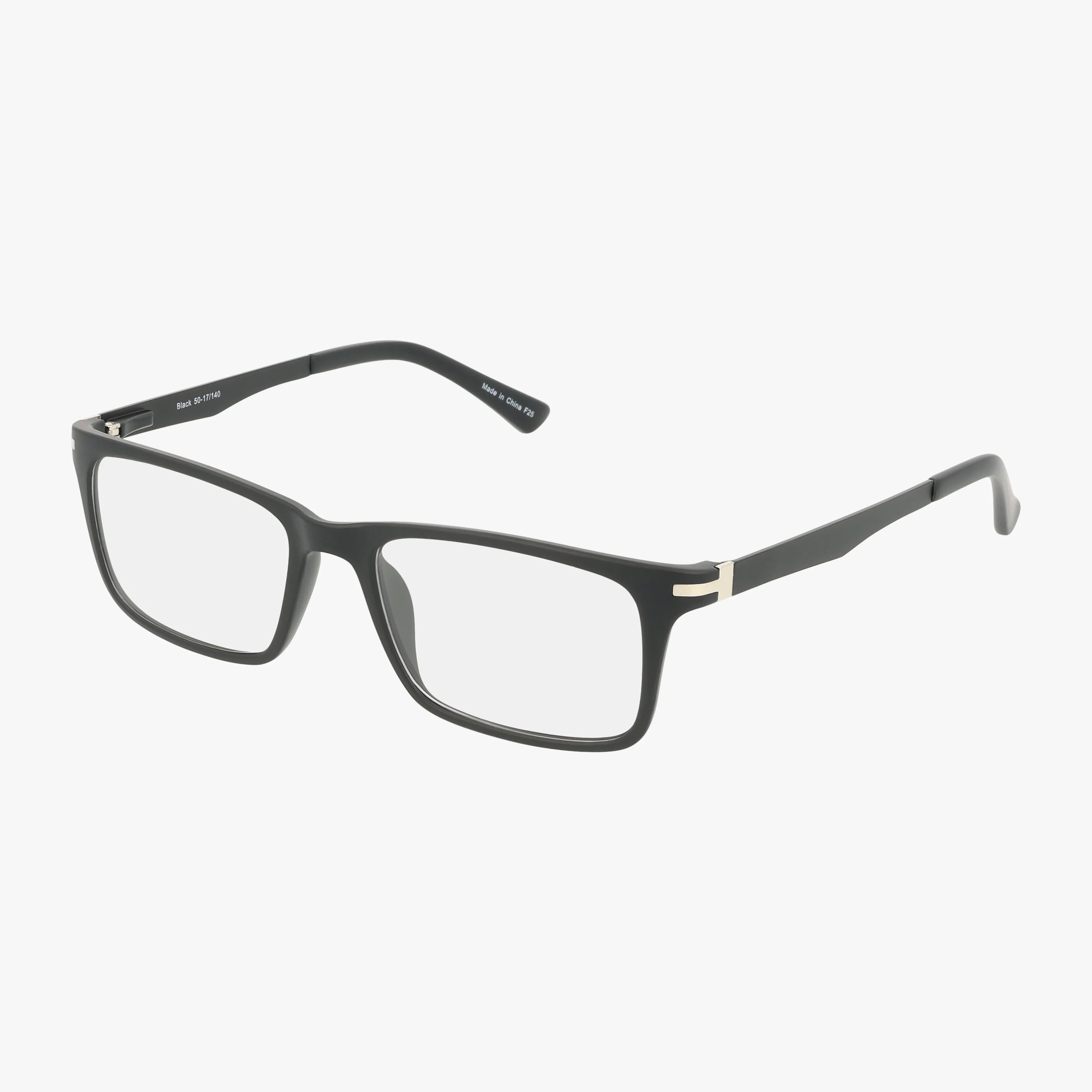 Fregossi 450 eyeglasses in black feature thin rectangular frames with clear lenses and subtle metallic accents by the hinges, offering bold everyday style against a white background.