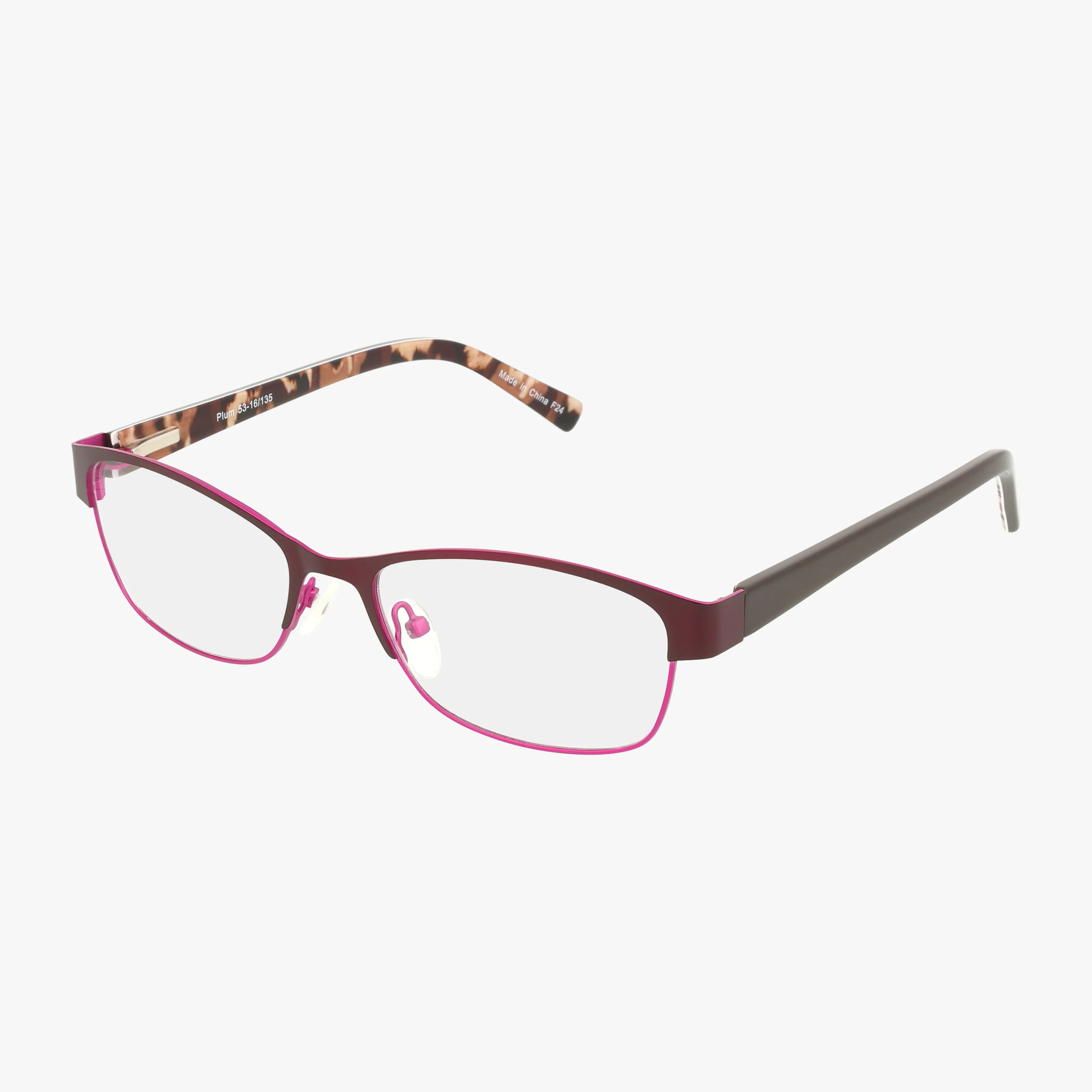 Fregossi 651 offers a modern, rectangular eyeglass frame in purple with clear lenses and patterned brown-beige temple arms, providing comfortable eyewear style, shown on a white background.