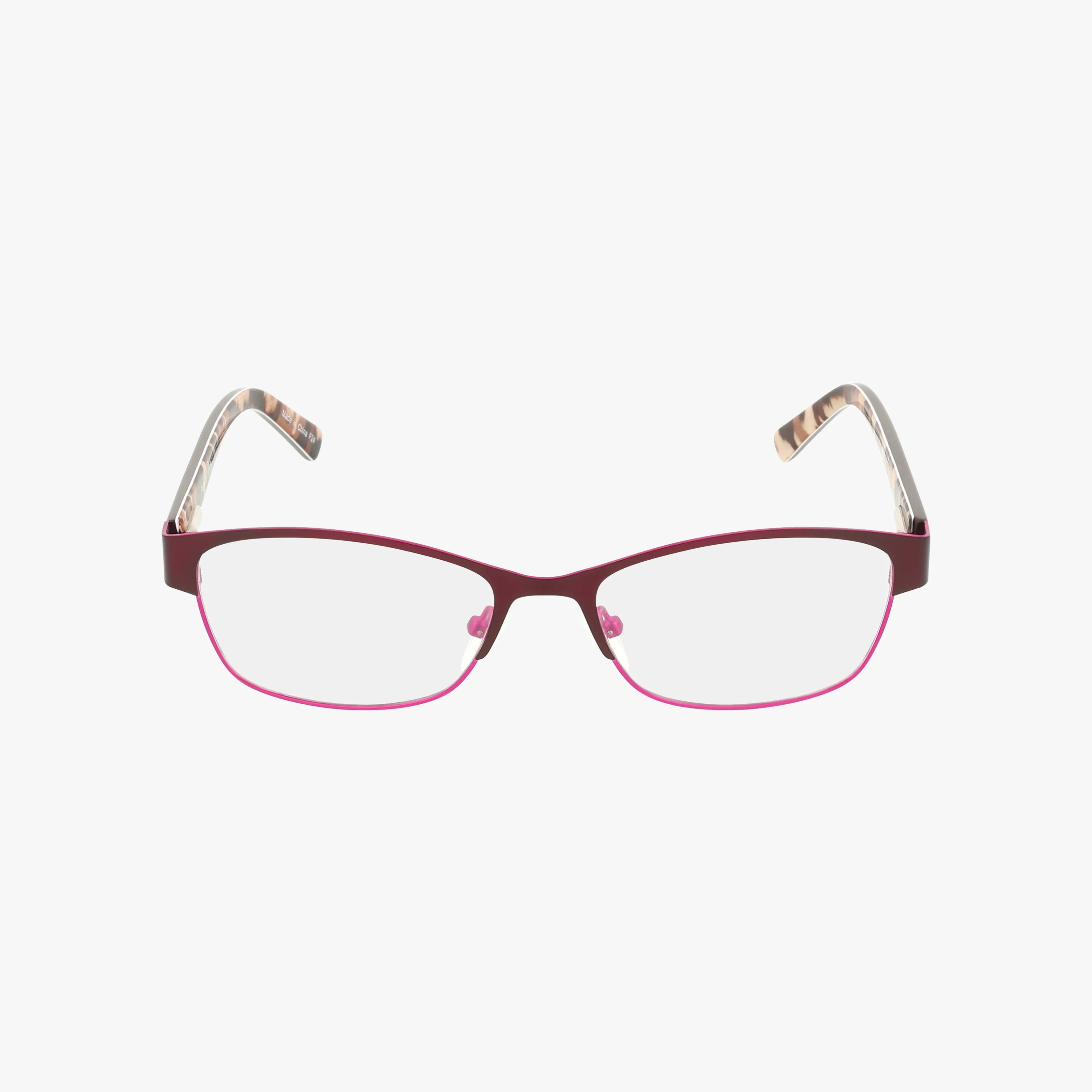 The Fregossi 651 eyeglasses feature rectangular clear lenses, burgundy upper frames, pink lower rims, and patterned temple arms for a modern, comfortable look against a white background.