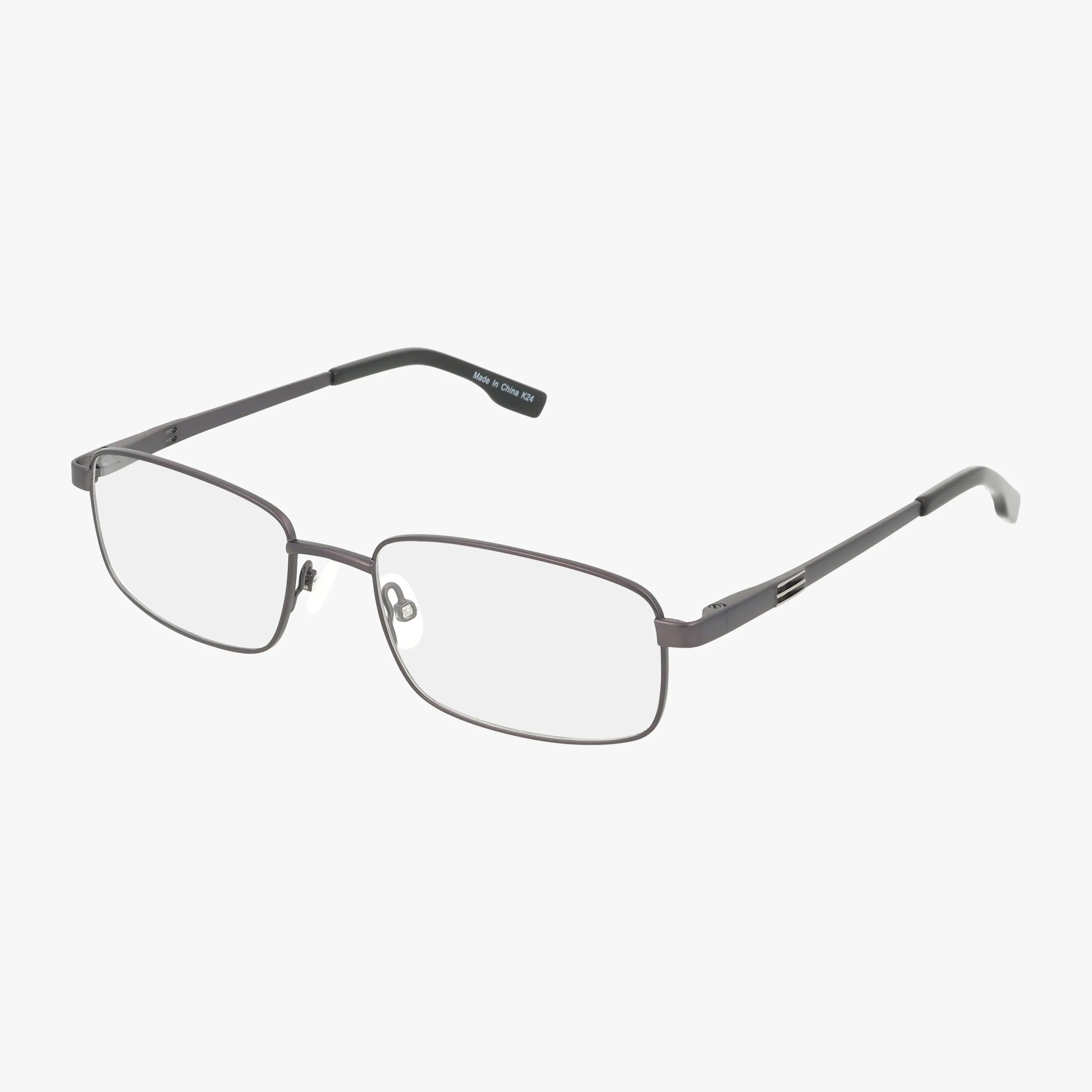 The Precision 143 eyeglasses feature a modern rectangular gunmetal frame with thin lines, clear prescription lenses, adjustable nose pads, and straight slim arms with black tips. Shown against a plain white background.