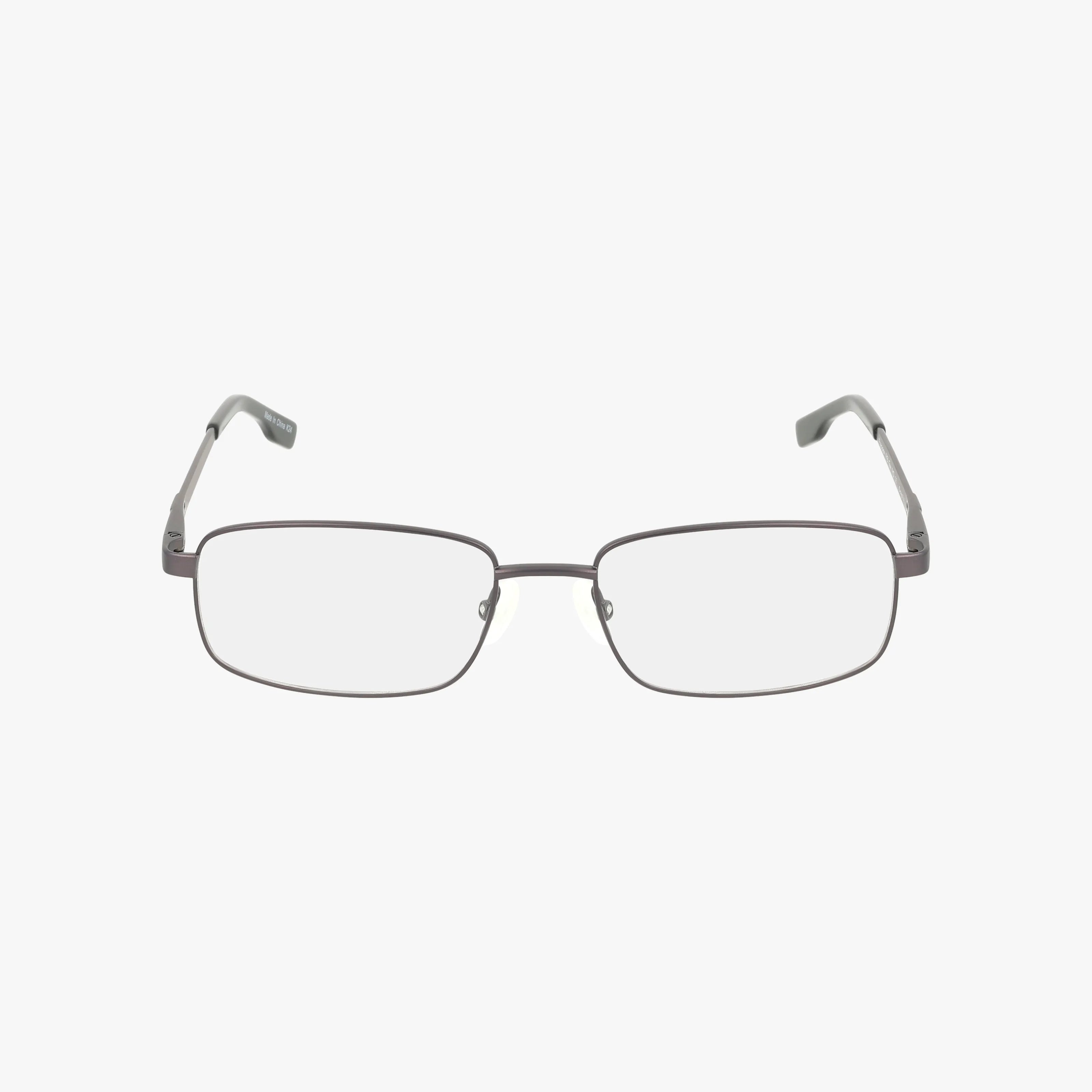 The Precision 143 features rectangular eyeglasses with a modern, durable metal frame and clear prescription lenses, shown against a plain white background.