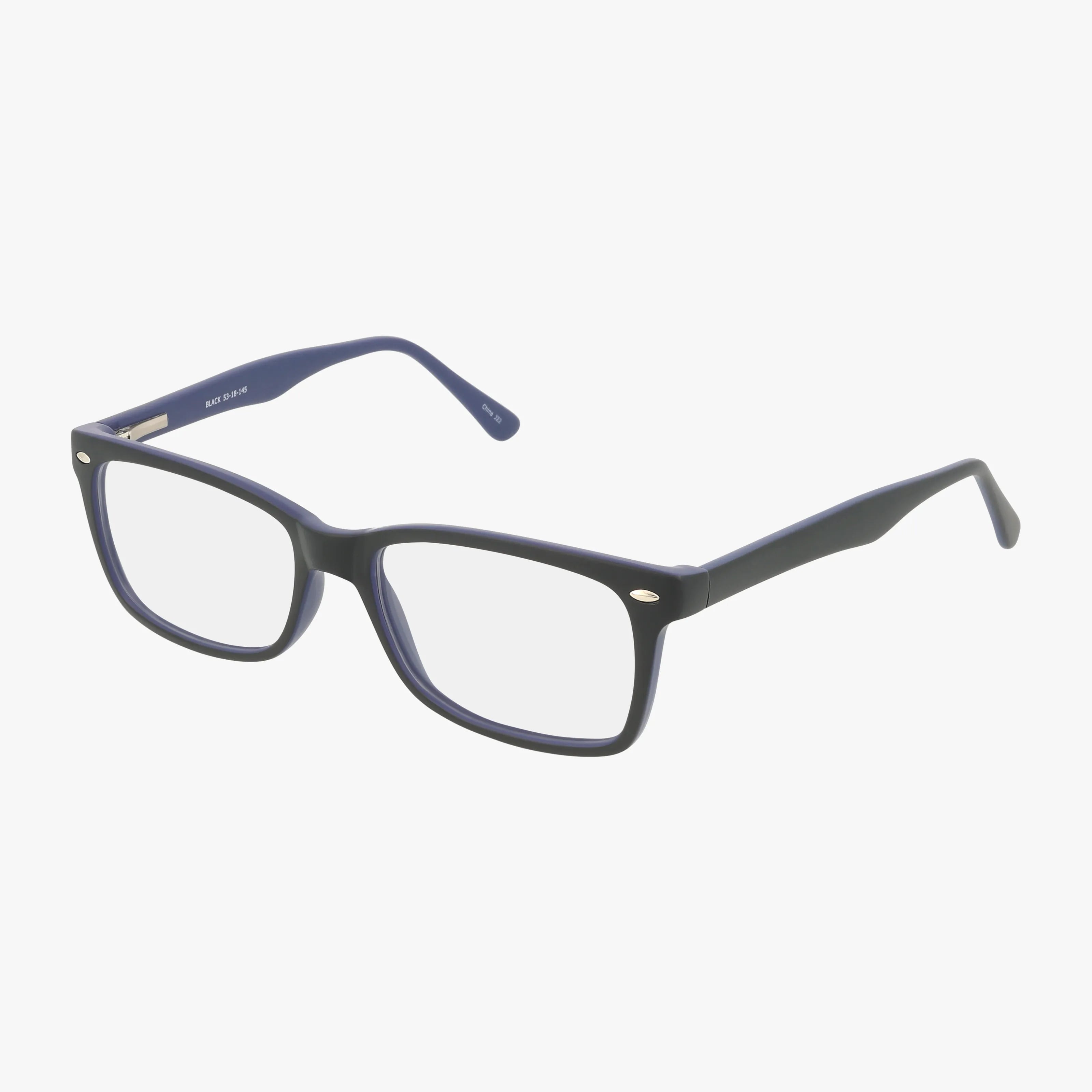 The CNBCN 57 eyeglasses in black feature a minimalist rectangular frame with slightly thick sides and subtle metallic accents by the hinges. Shown with clear lenses on a white background for a sleek, modern look.