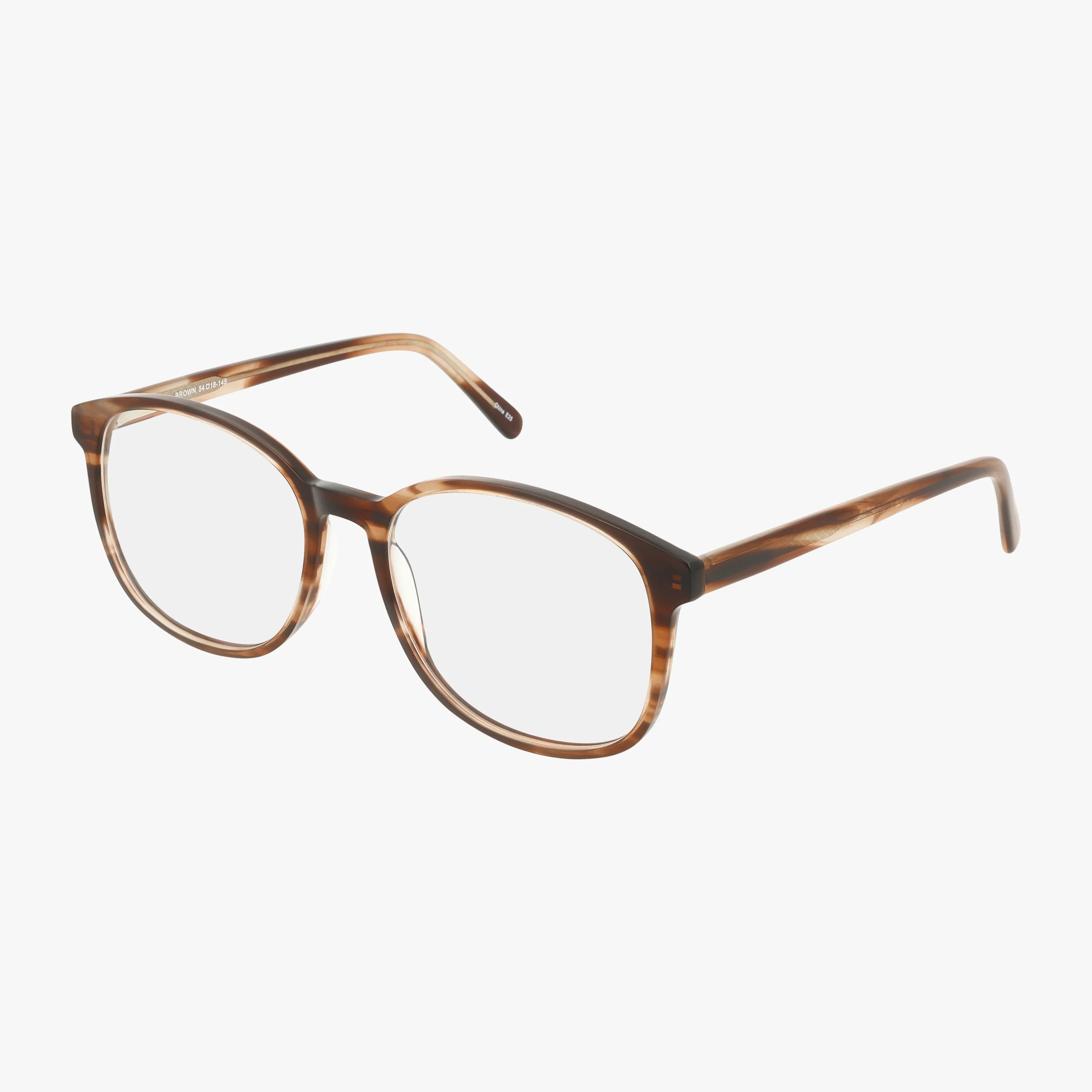 Fregossi 456 eyeglasses in brown feature clear round rectangular lenses and thin arms with an elegant tortoiseshell pattern, displayed on a white background.