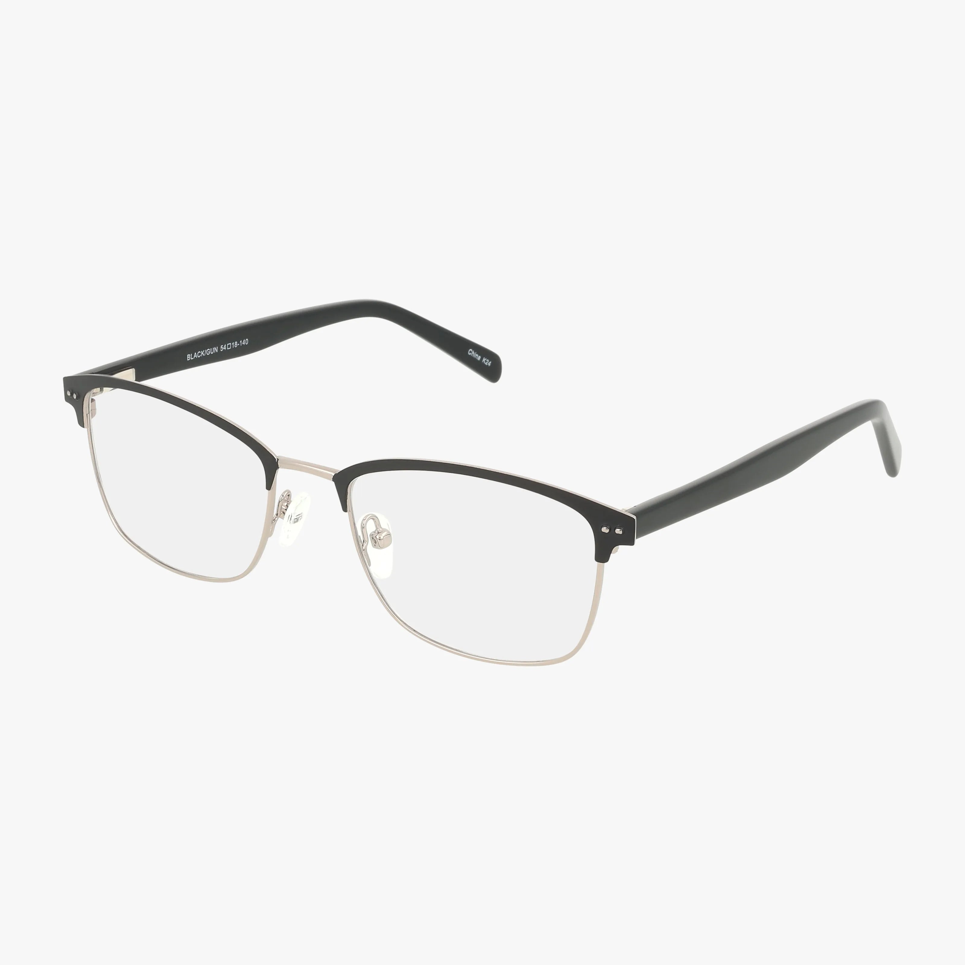 The Fregossi 654 semi-rimless eyeglasses feature black upper rims, thin gunmetal lower rims, clear prescription lenses, and black temple arms, shown on a white background.