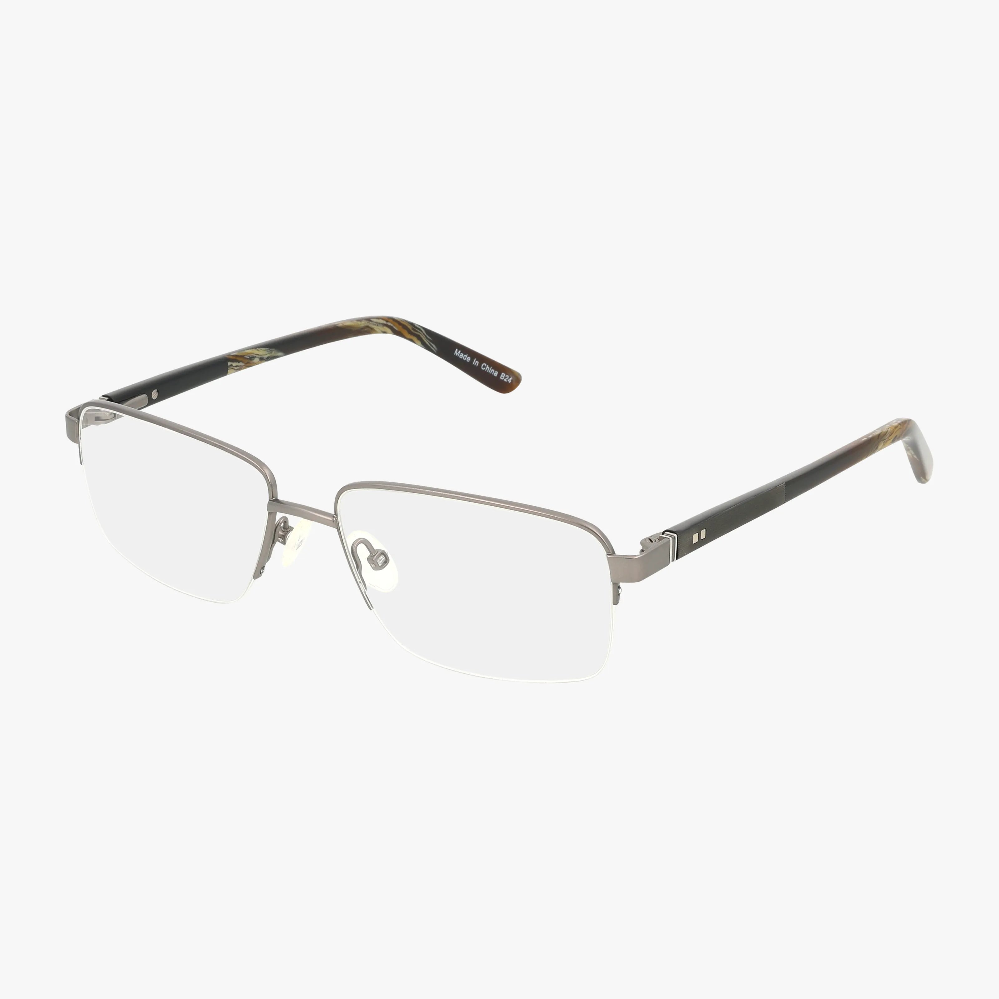 Precision’s 152 eyeglasses feature a gunmetal semi-rimless design with a resilient frame, rectangular lenses, adjustable nose pads, and dark marbled arms—all shown against a clean white background.