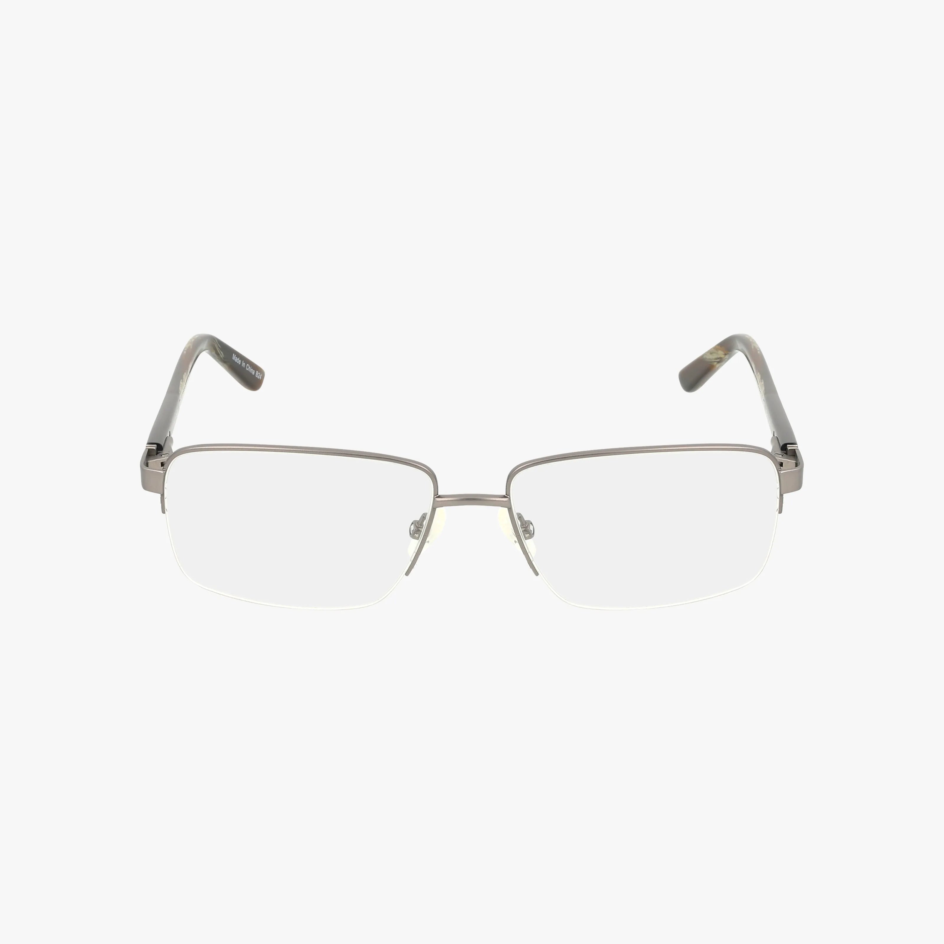 Precision 152 rectangular, semi-rimless eyeglasses feature a durable frame with slim metal rims and clear lenses for a sleek modern look, showcased on a plain white background.