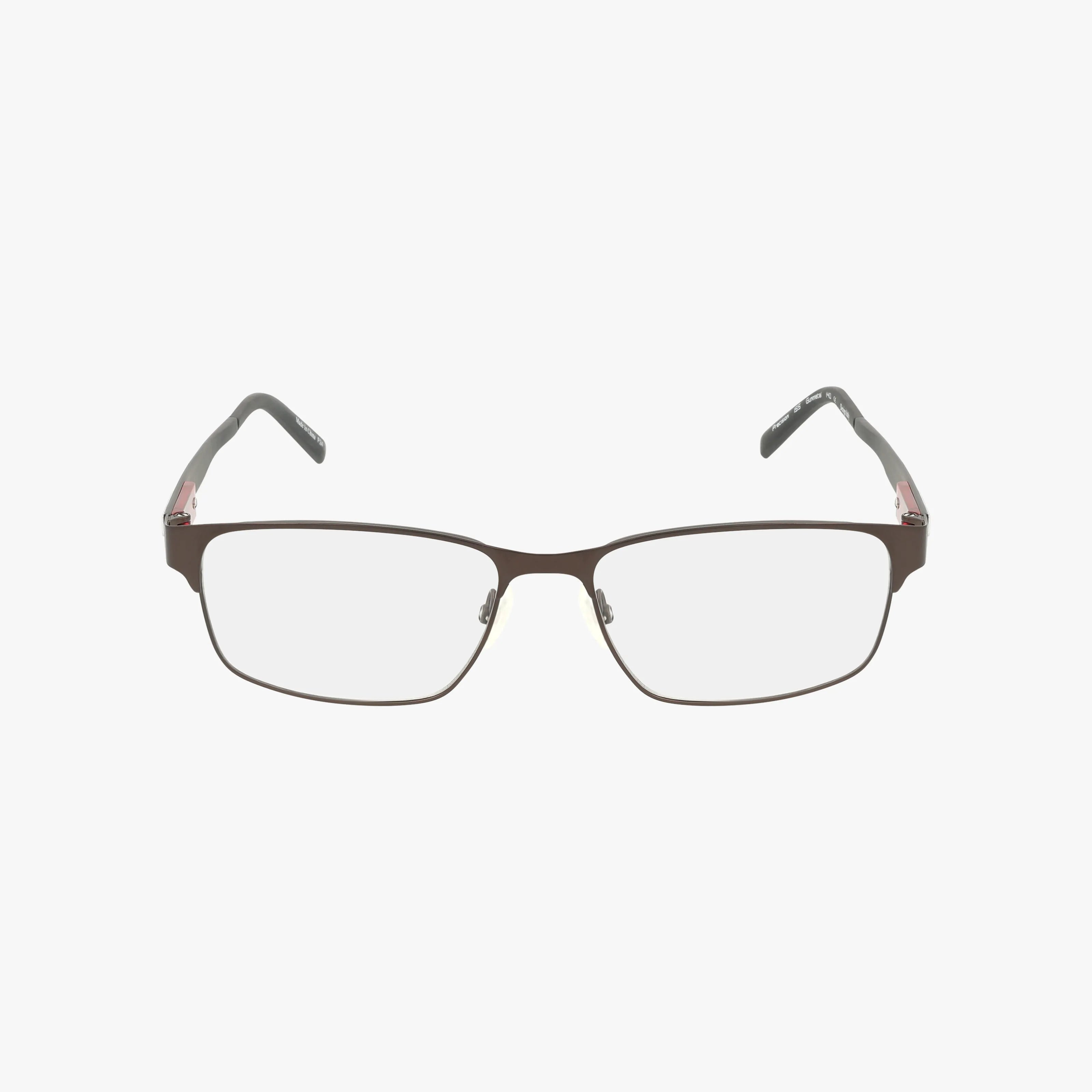 Precision 155 rectangular eyeglasses feature a sleek, thin dark metal frame and clear lenses, ideal for daily wear. Displayed on a plain white background.