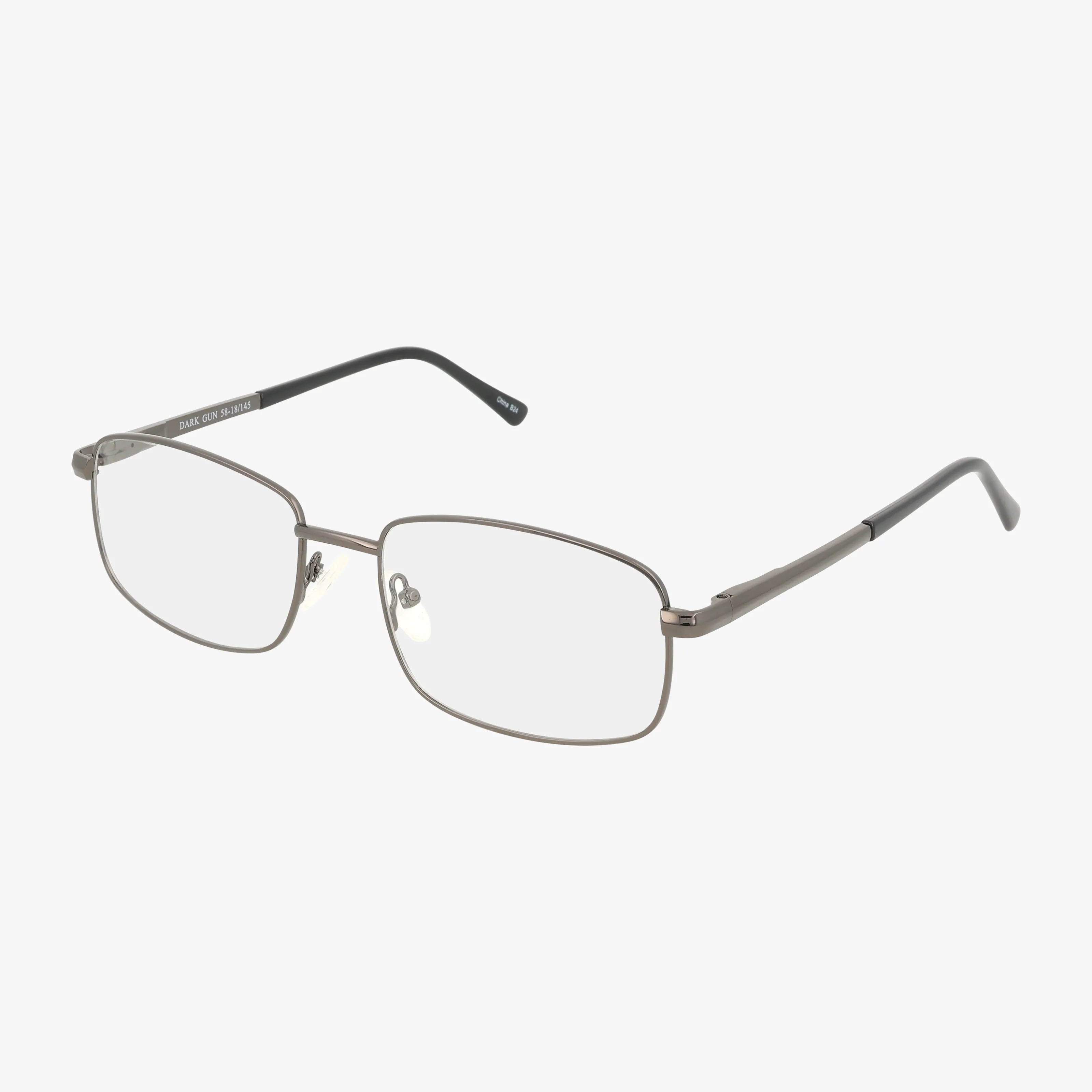 Exclusive’s 214 rectangular eyeglasses feature a stylish gunmetal dark frame with thin metal construction and black temple tips, shown on a white background.