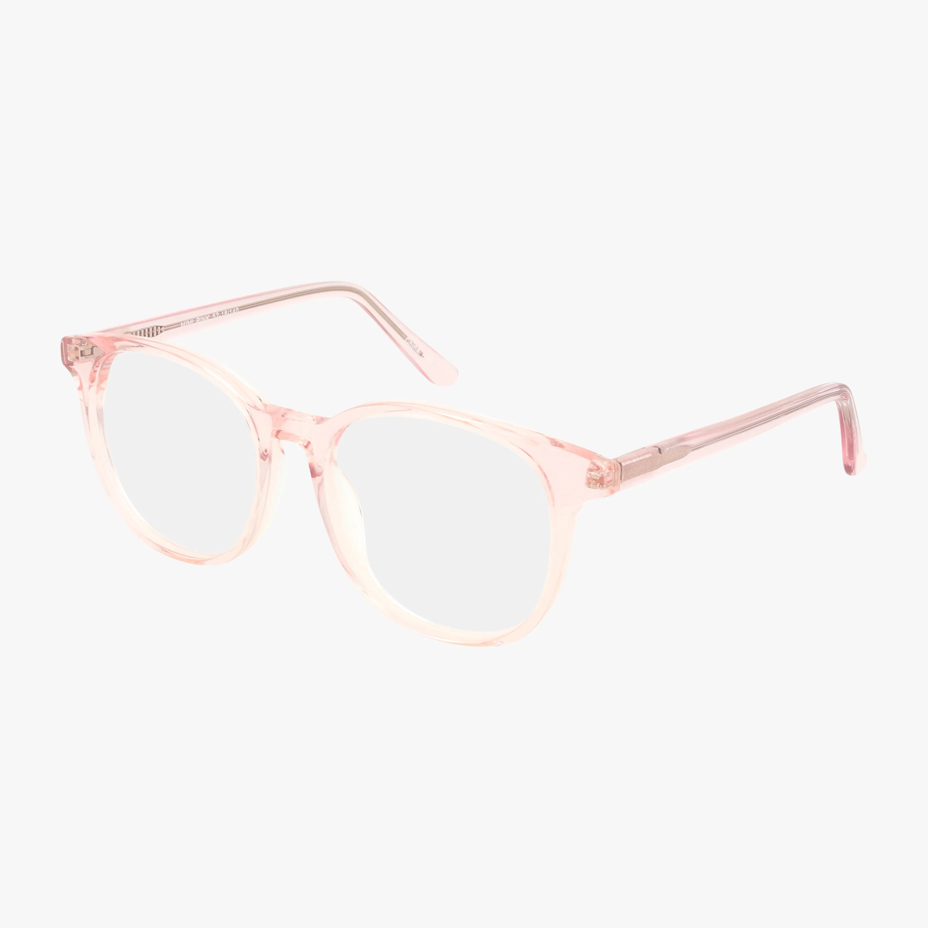The Fregossi 484 eyeglasses feature clear pink round frames with wide arms, shown at an angle on a white background—blending timeless style with contemporary design.