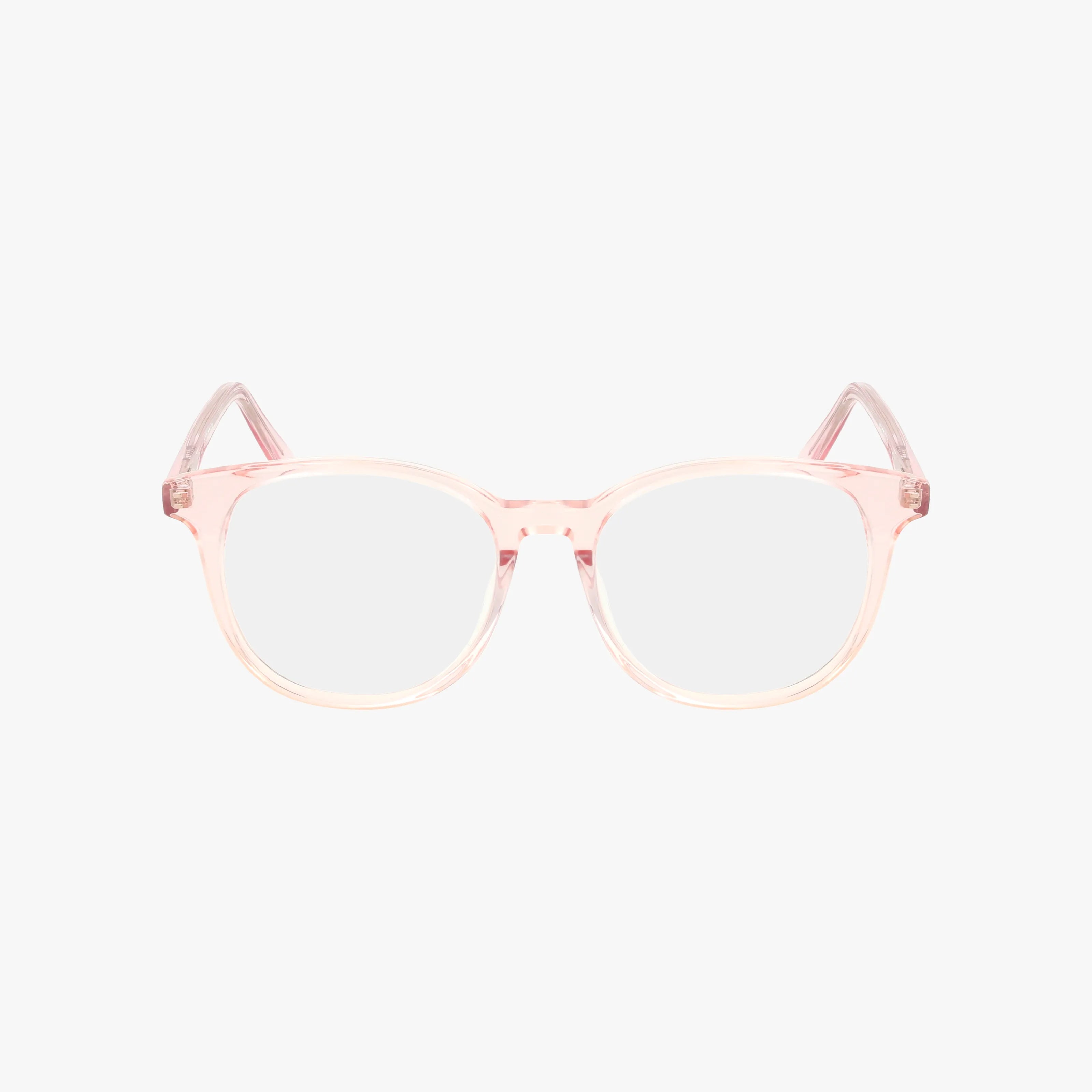 Fregossi 484 eyeglasses feature round lenses and transparent blush pink frames, blending classic style with modern design, shown against a plain white background.