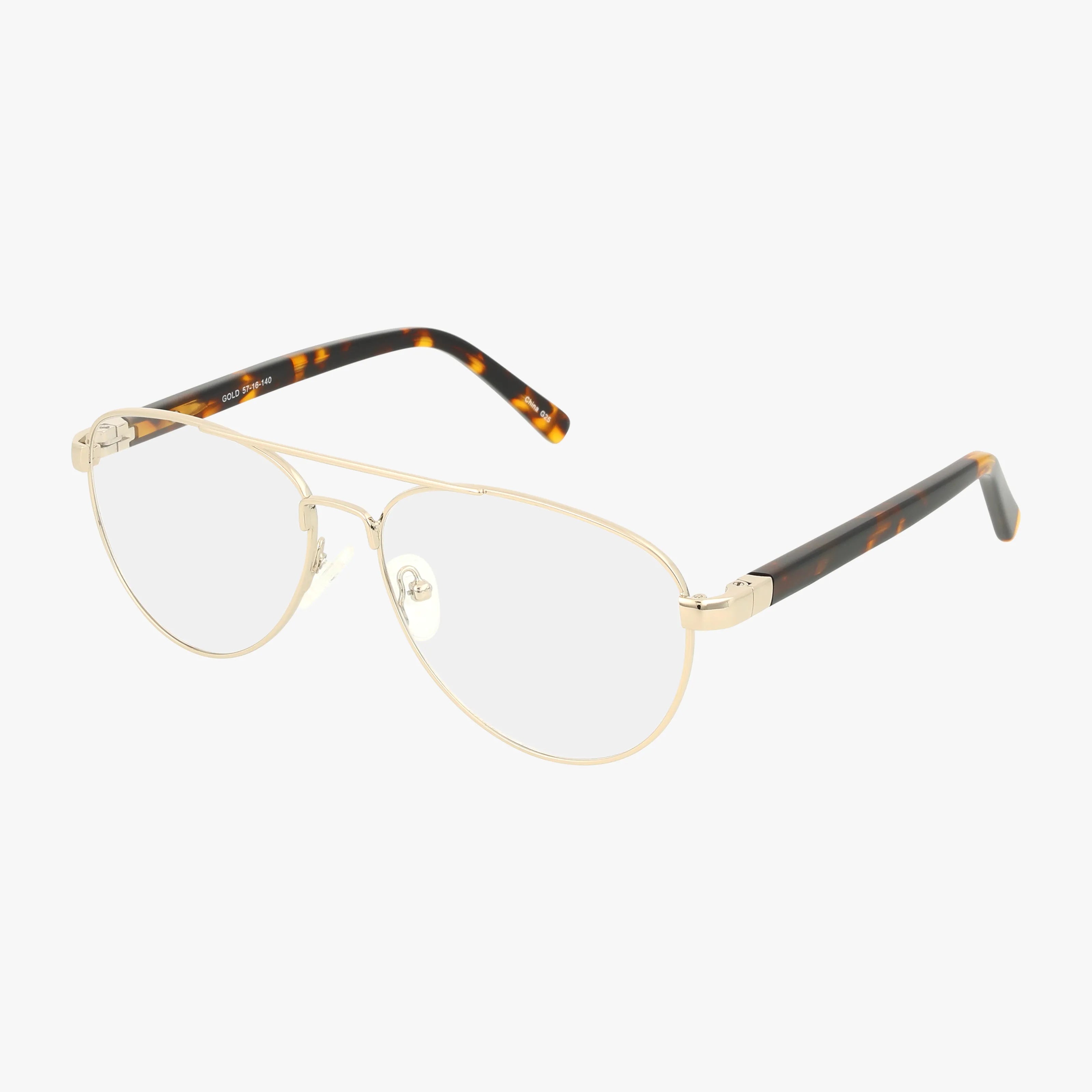 The Fregossi 670 eyeglasses feature a gold aviator frame with clear lenses and tortoiseshell-patterned temple arms, offering style and strength on a white background.